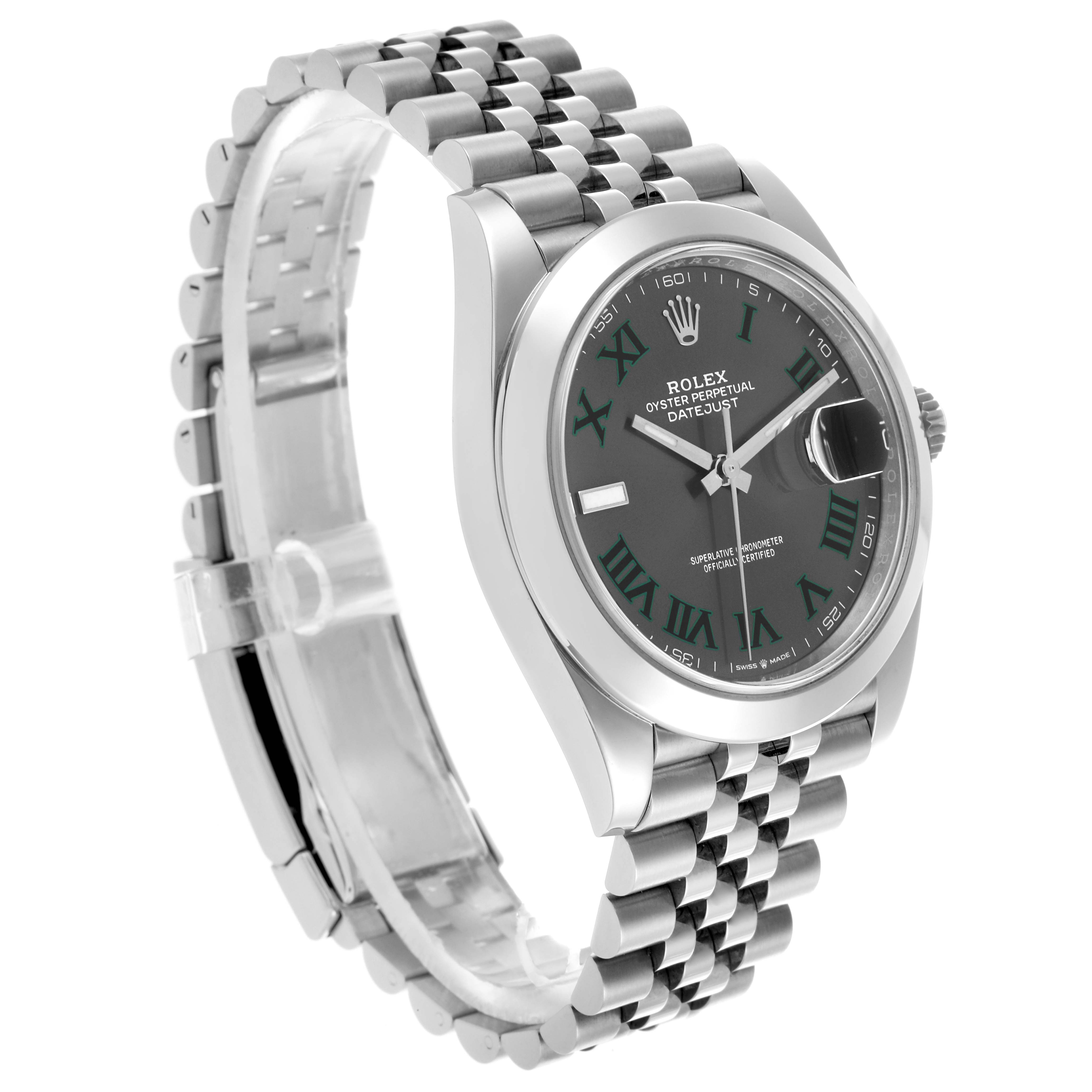 The Rolex Datejust 41 67197 Men's Stainless Steel Grey Dial 67197 Men's Stainless Steel Grey Dial is shown at an angled view, displaying the watch face, bezel, and part of the Jubilee bracelet.