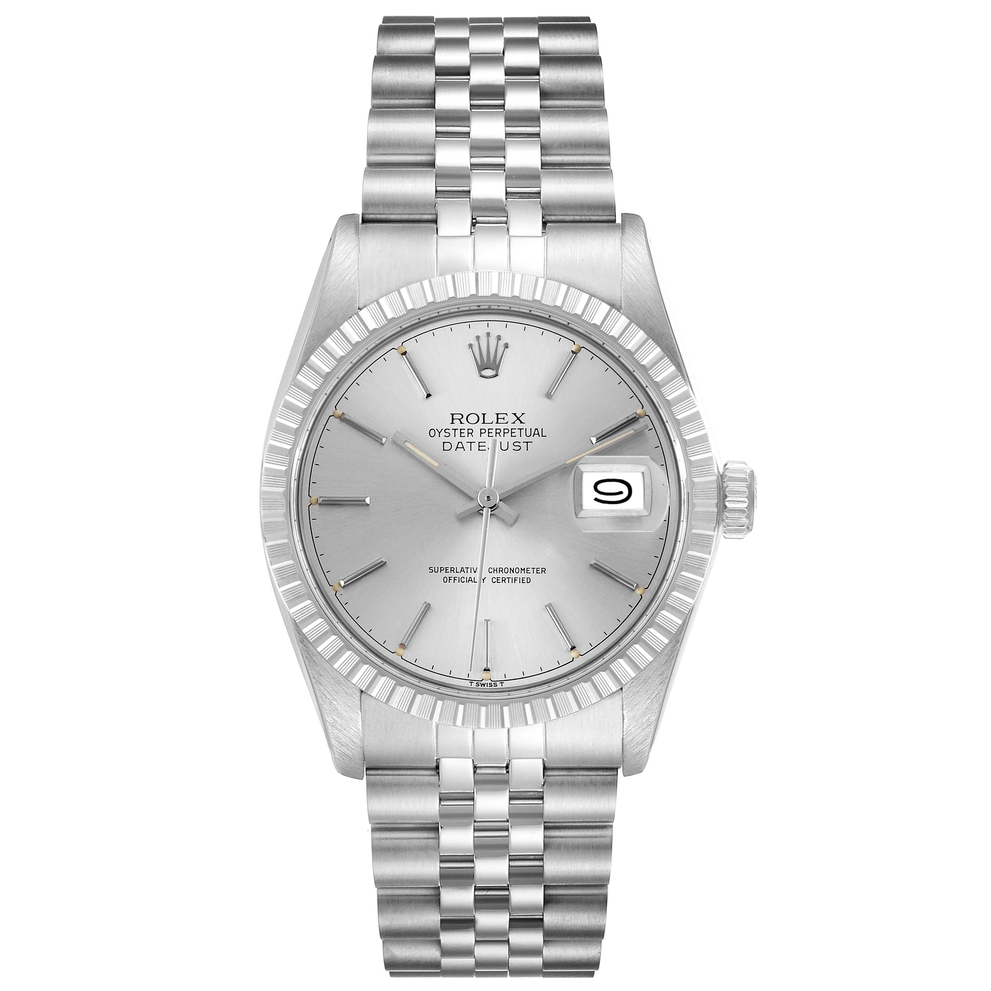 The Rolex Datejust 16030 Men
s Stainless Steel Silver Dial 16030 Men
s Stainless Steel Silver Dial watch is shown from a top-down angle, displaying the dial, case, bezel, crown, and bracelet.
