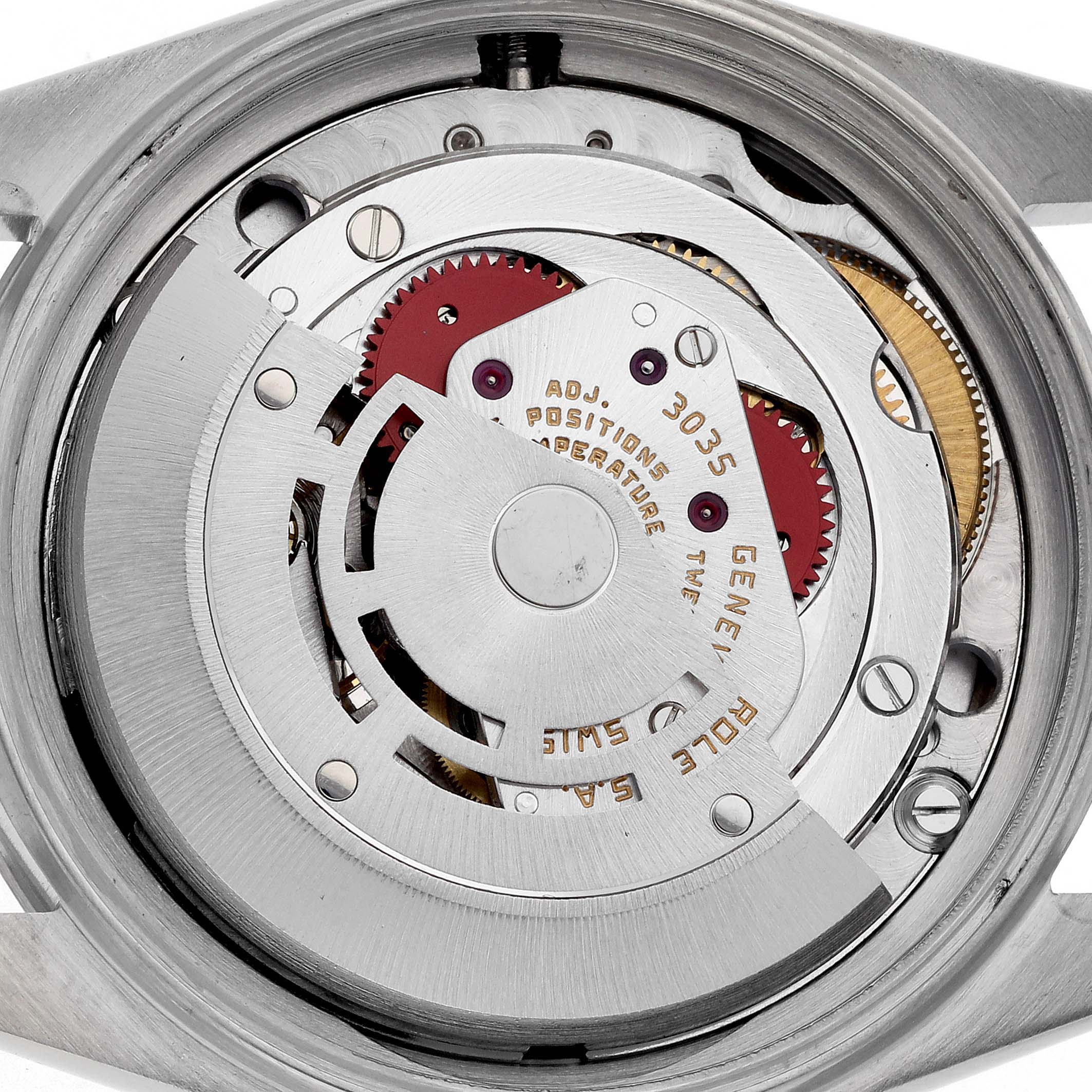 The image shows the movement mechanism of a Rolex Datejust 16030 Men
s Stainless Steel Silver Dial 16030 Men
s Stainless Steel Silver Dial watch, viewed from the back.