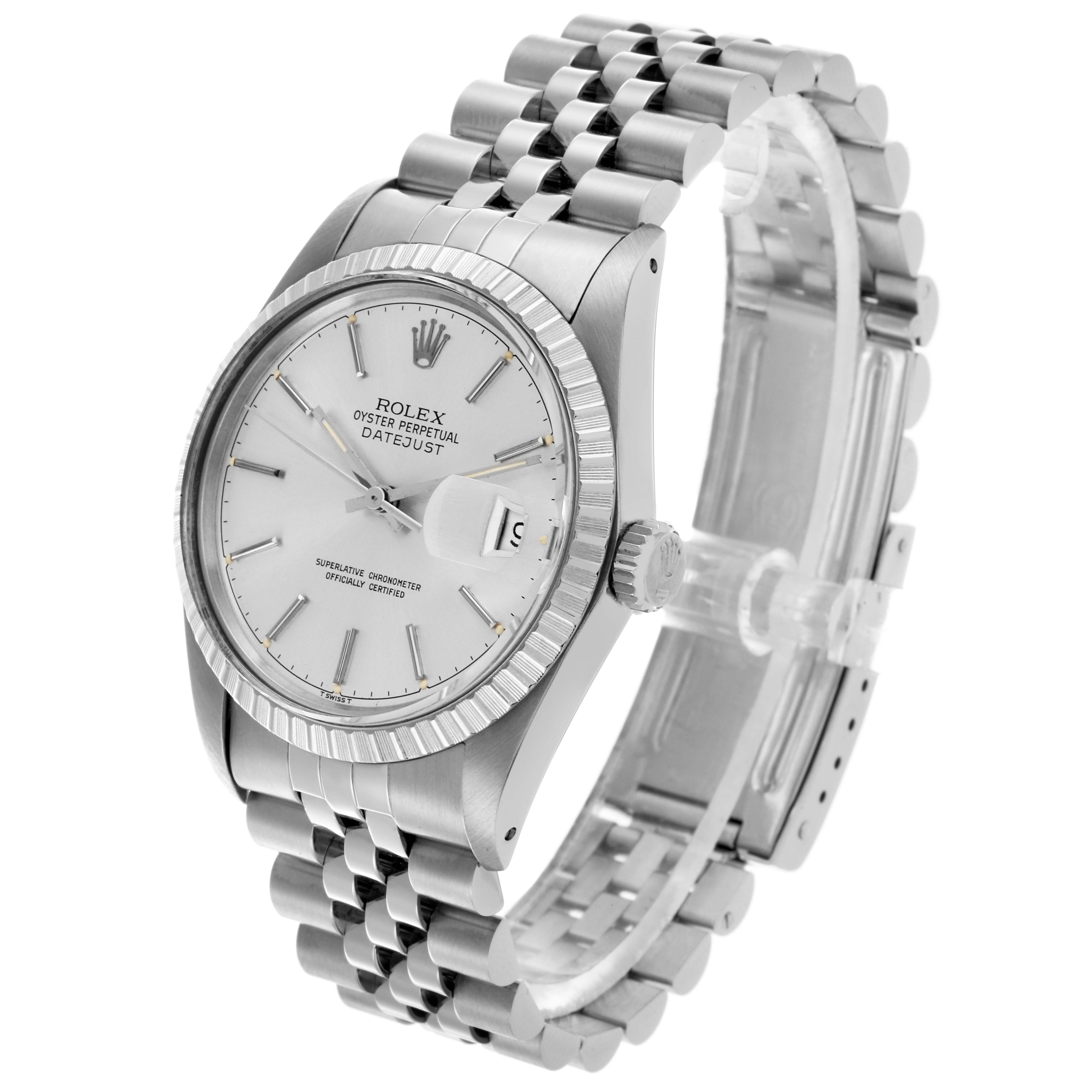 The Rolex Datejust 16030 Men
s Stainless Steel Silver Dial 16030 Men
s Stainless Steel Silver Dial watch is shown from a three-quarter angle, highlighting its face, bezel, and bracelet.