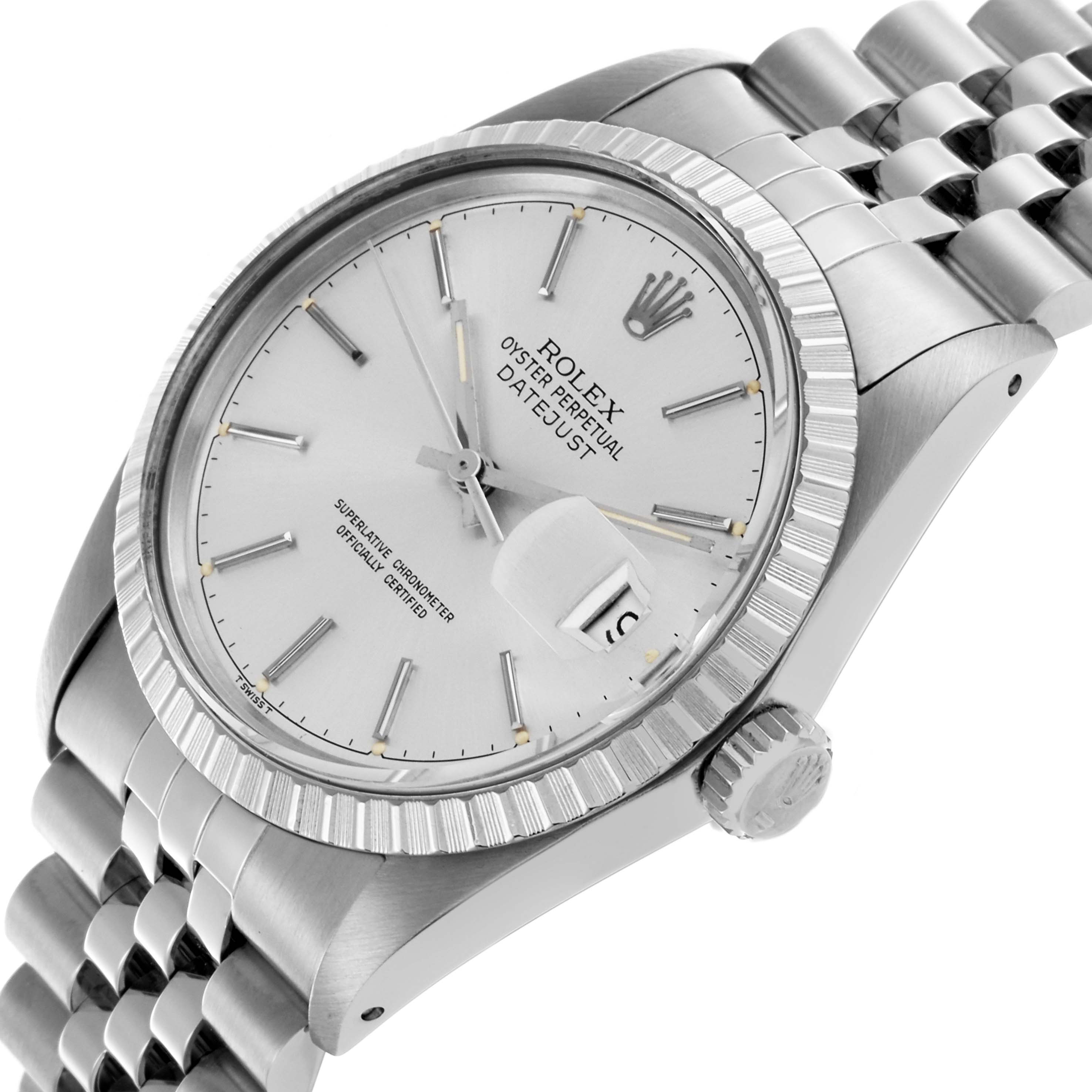 The Rolex Datejust 16030 Men
s Stainless Steel Silver Dial 16030 Men
s Stainless Steel Silver Dial watch is shown at an angled view, highlighting the dial, bezel, crown, and the jubilee bracelet.