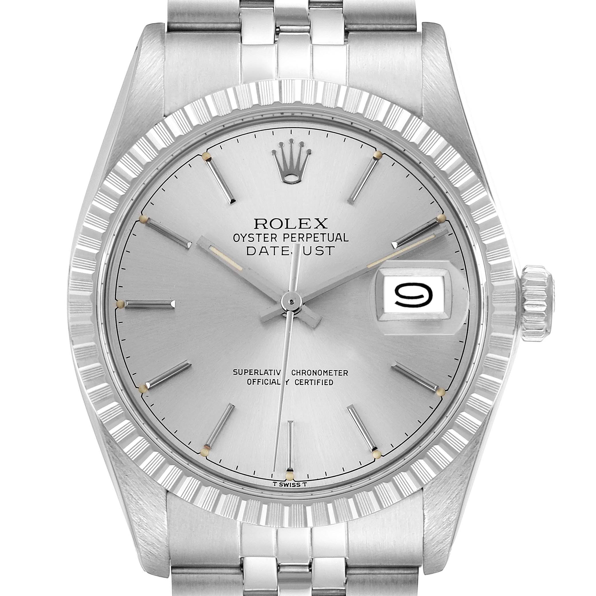 The Rolex Datejust 16030 Men
s Stainless Steel Silver Dial 16030 Men
s Stainless Steel Silver Dial watch is shown from a front angle, displaying the face, bezel, and part of the bracelet.