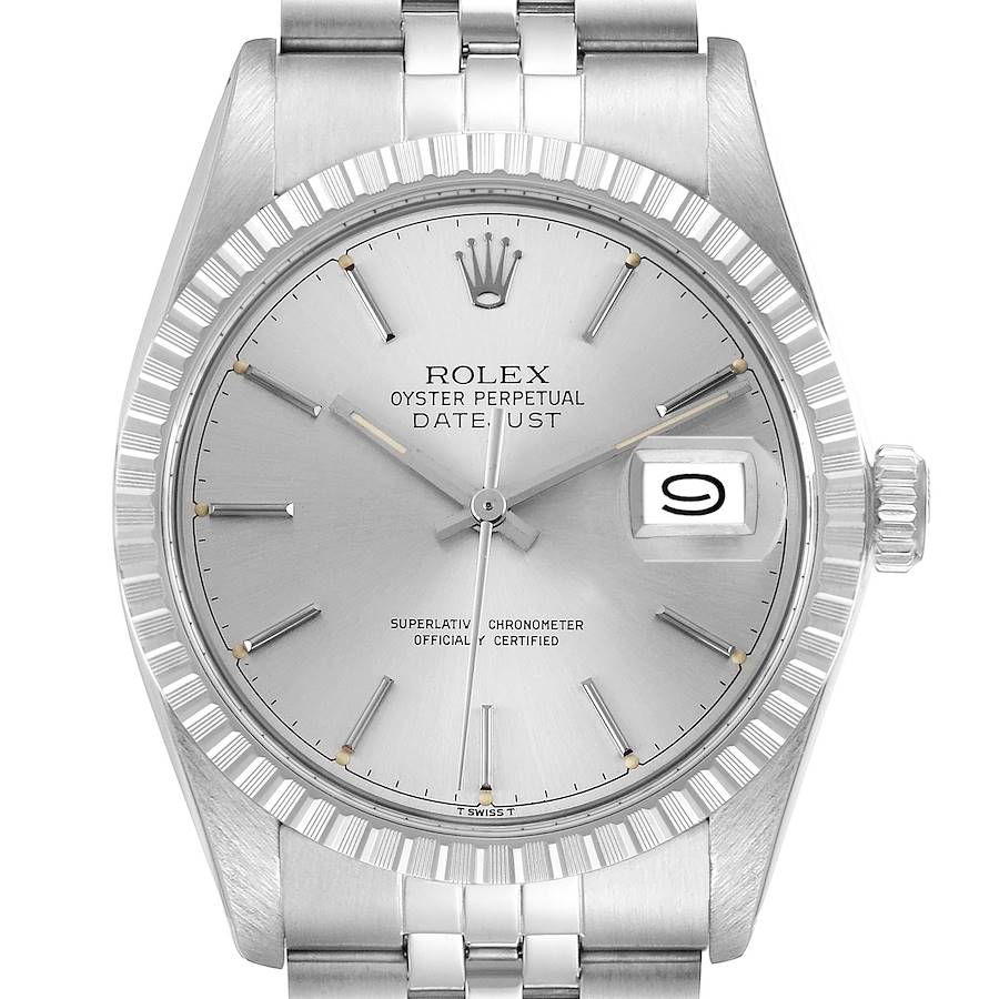 The Rolex Datejust watch is shown from a front angle, displaying the face, bezel, and part of the bracelet.