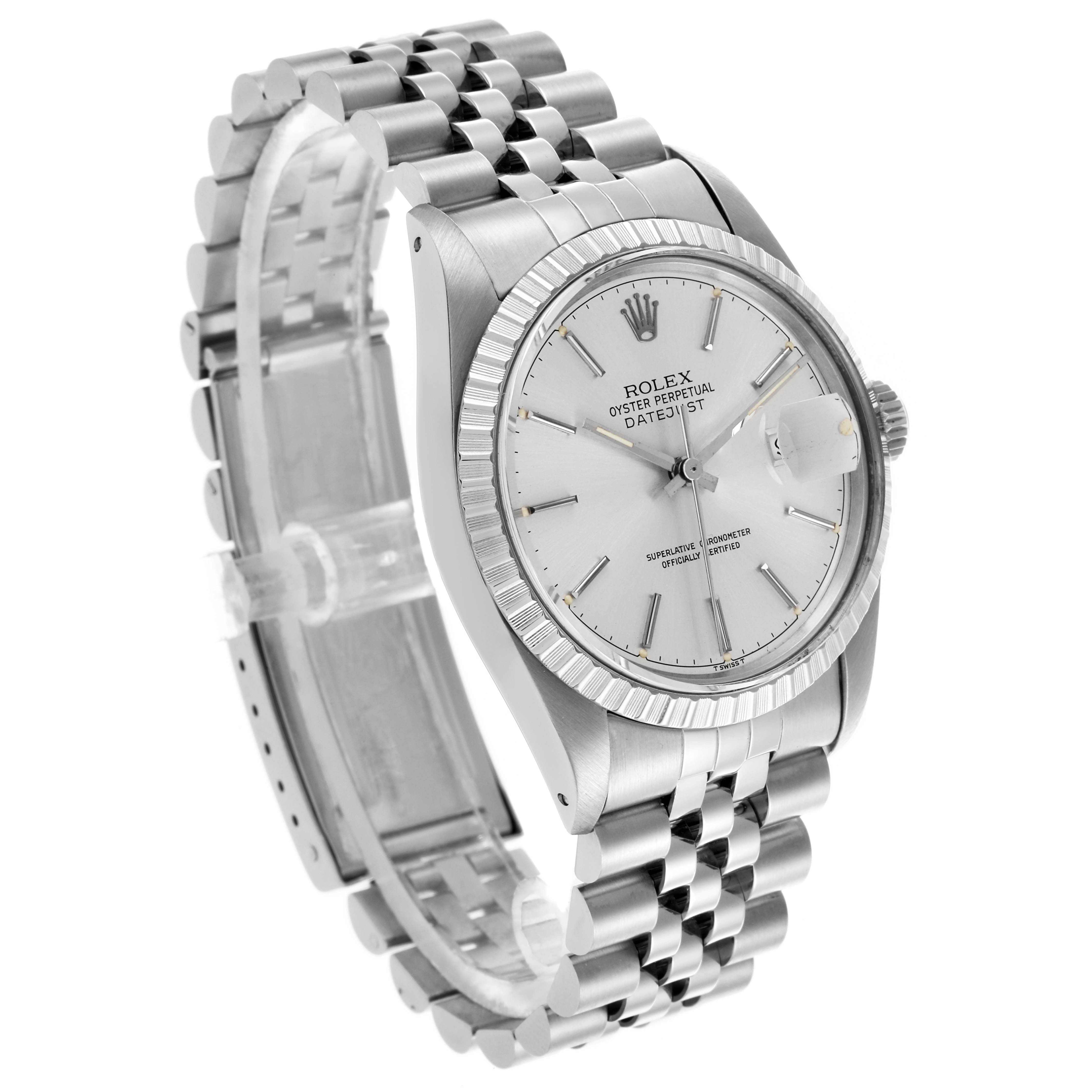 The Rolex Datejust 16030 Men
s Stainless Steel Silver Dial 16030 Men
s Stainless Steel Silver Dial watch is shown at a three-quarter angle, highlighting the face, bezel, and bracelet.