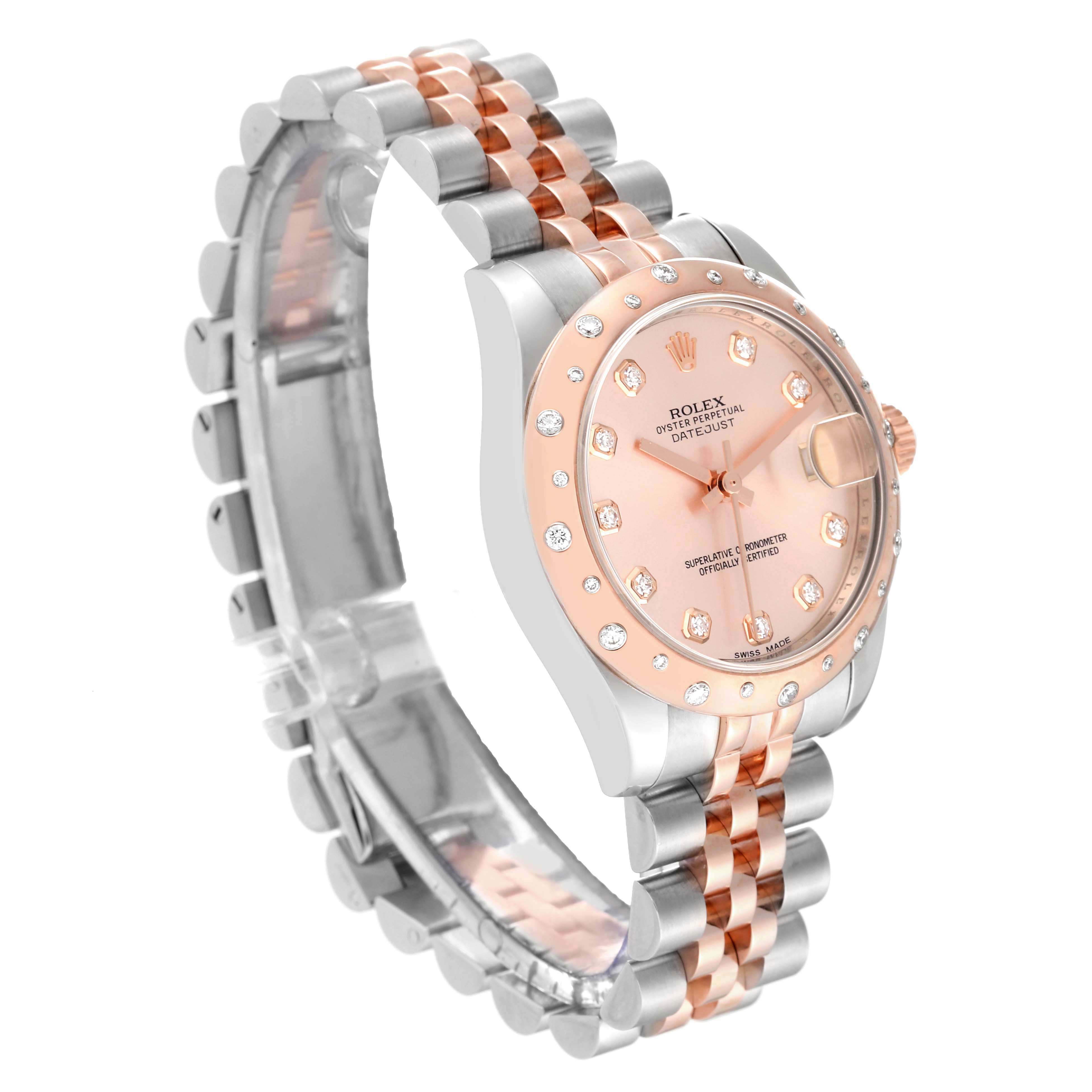 This image shows a Rolex Mid-Size 178341 Women's Steel and Gold (two tone) Pink Dial 178341 Women's Steel and Gold (two tone) Pink Dial Datejust watch from a side angle, highlighting the face, bezel, and bracelet.