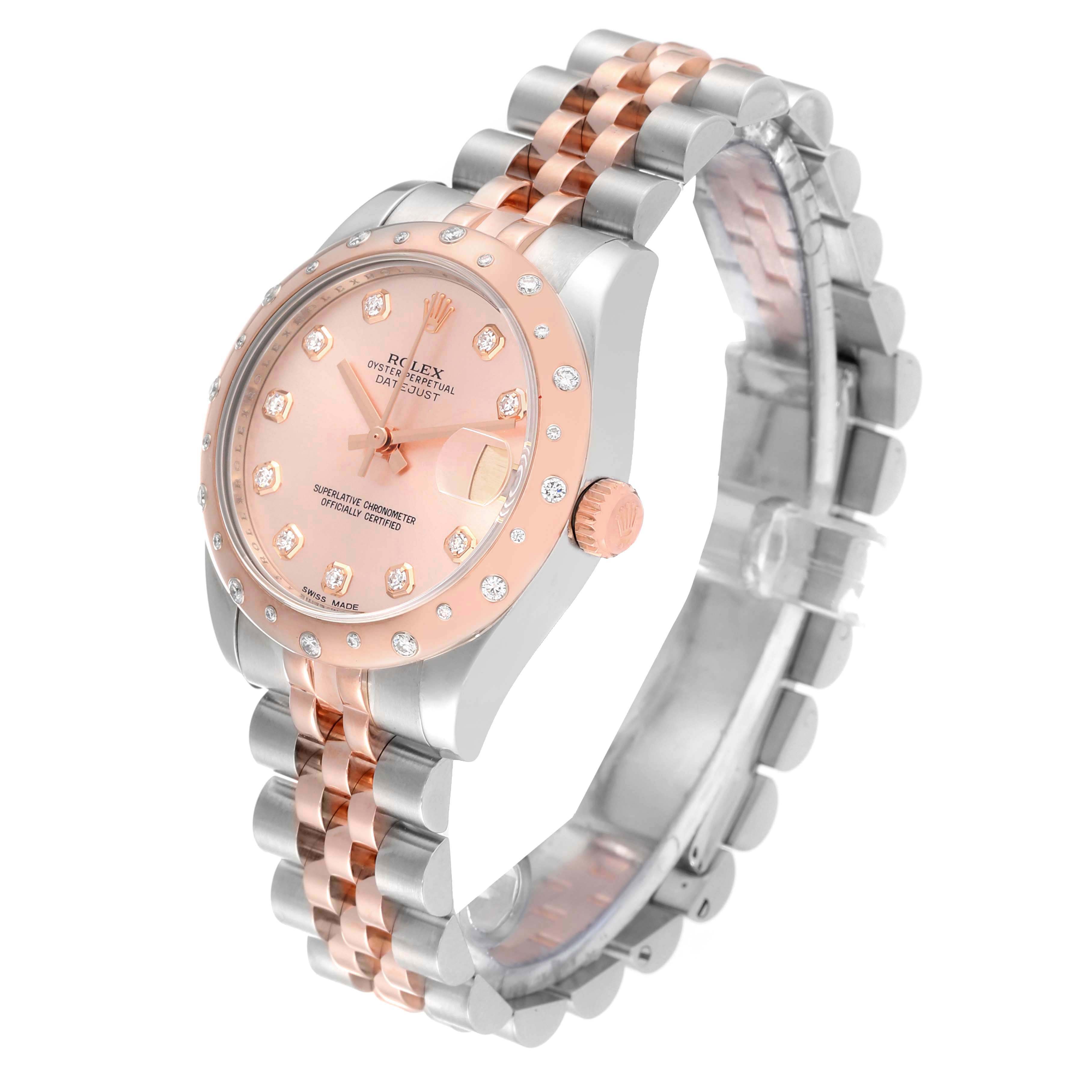 The image shows a Rolex Mid-Size 178341 Women's Steel and Gold (two tone) Pink Dial 178341 Women's Steel and Gold (two tone) Pink Dial watch at a three-quarter angle, highlighting its dial, bezel, and bracelet.