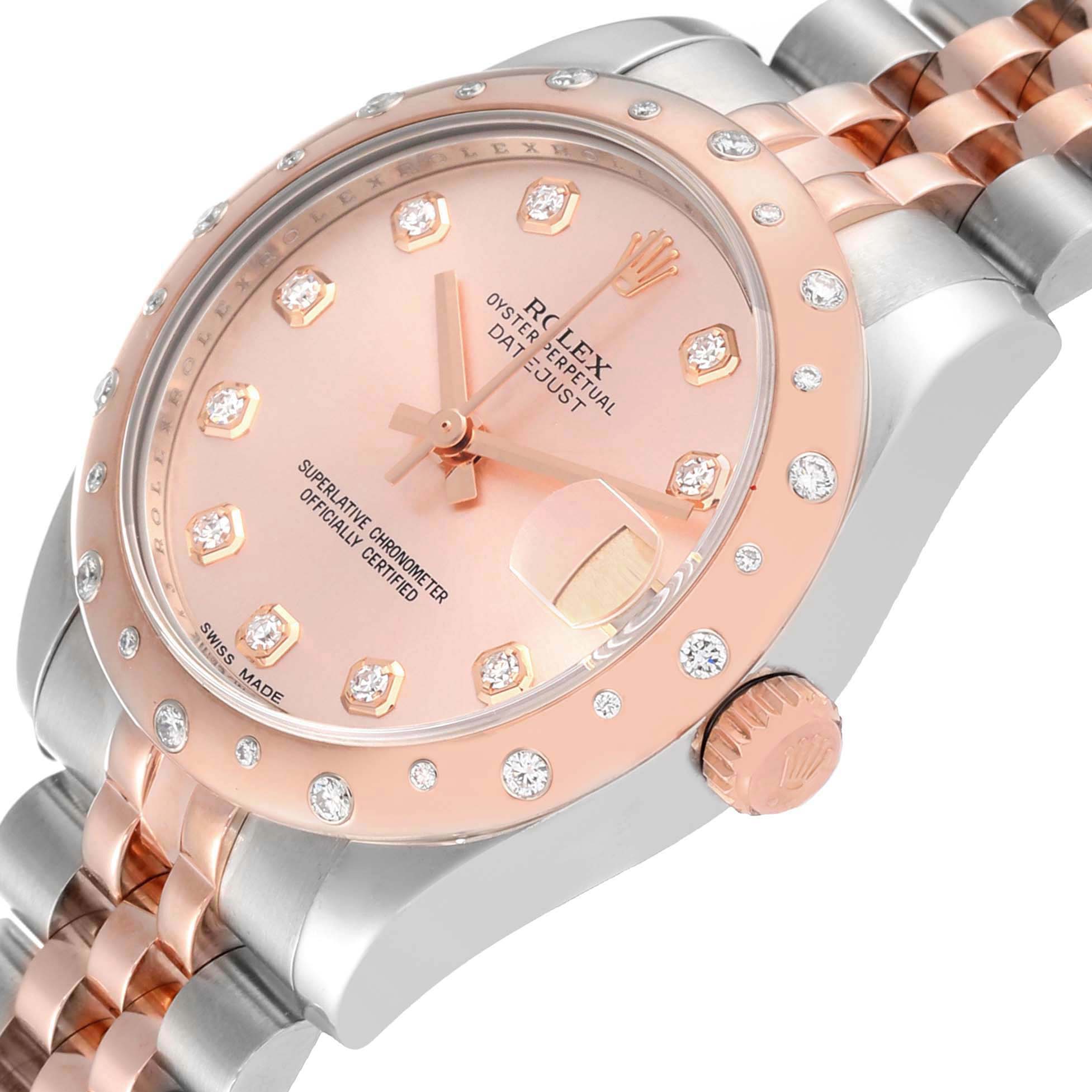 The Rolex Mid-Size 178341 Women's Steel and Gold (two tone) Pink Dial 178341 Women's Steel and Gold (two tone) Pink Dial watch is shown at a slight angle, displaying the face, crown, and part of the bracelet.