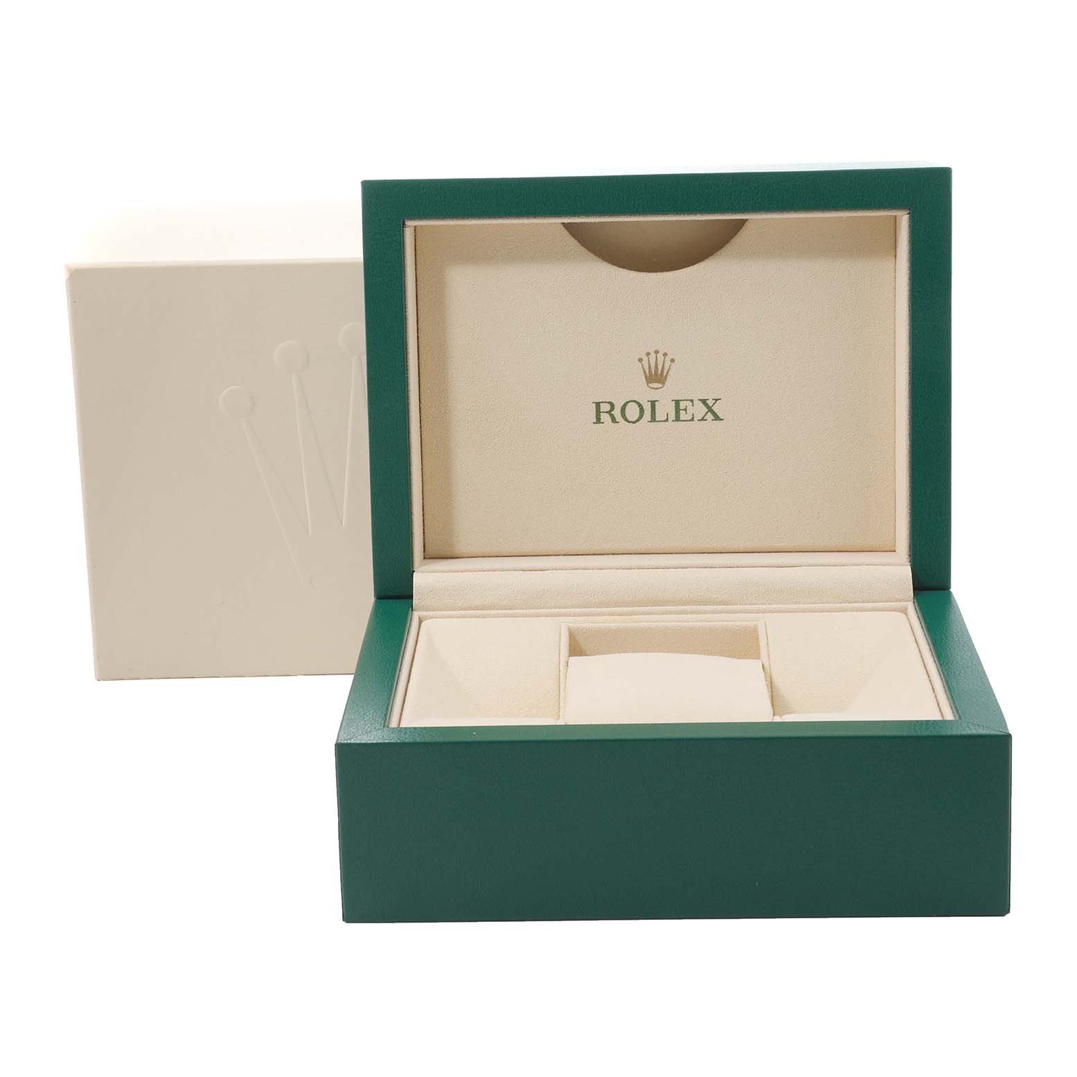 The image shows an open Rolex watch box for a Mid-Size model, displaying its interior compartments and cushion.
