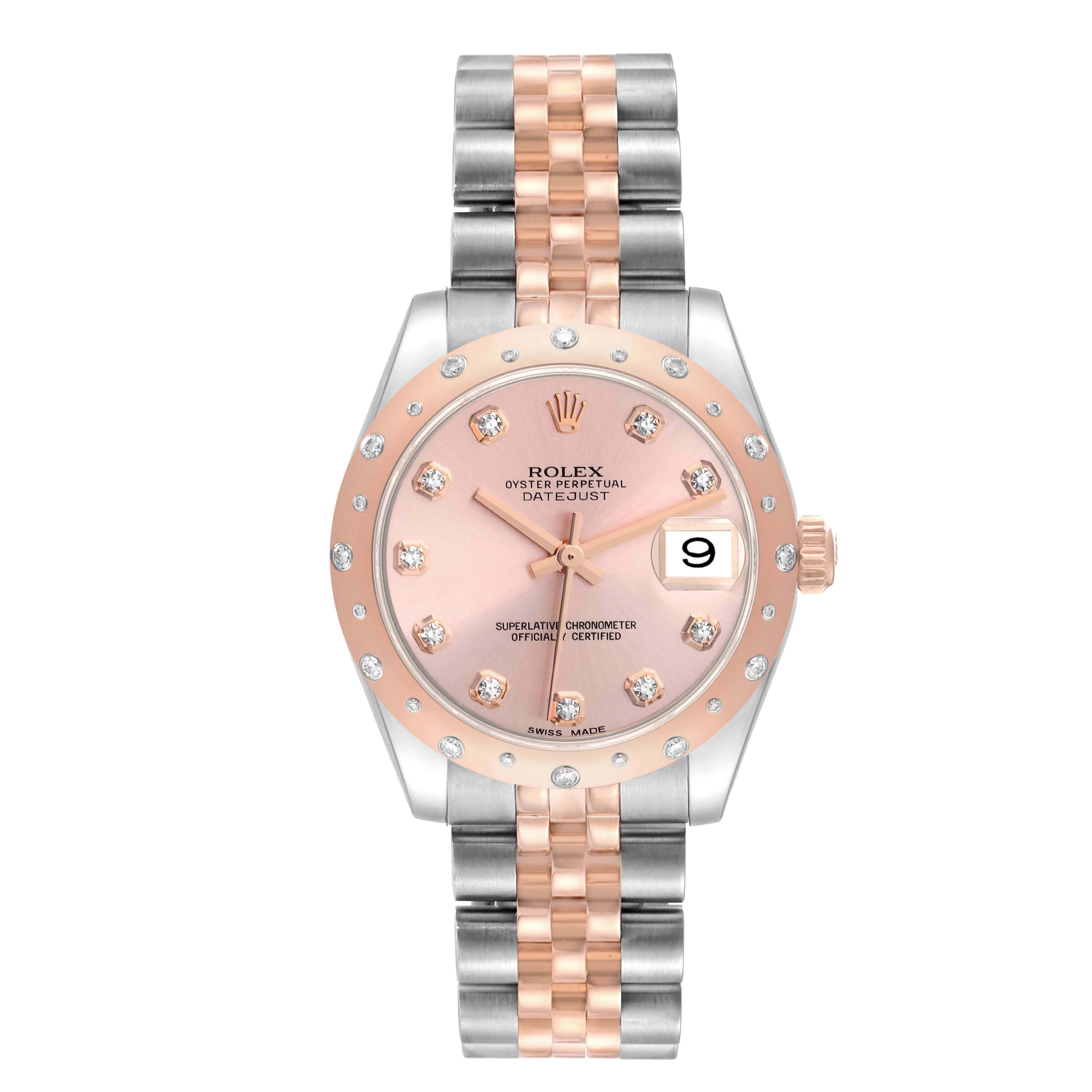 The Rolex Mid-Size 178341 Women's Steel and Gold (two tone) Pink Dial 178341 Women's Steel and Gold (two tone) Pink Dial Oyster Perpetual Datejust watch is shown from the front, highlighting its dial, bezel, and bracelet.