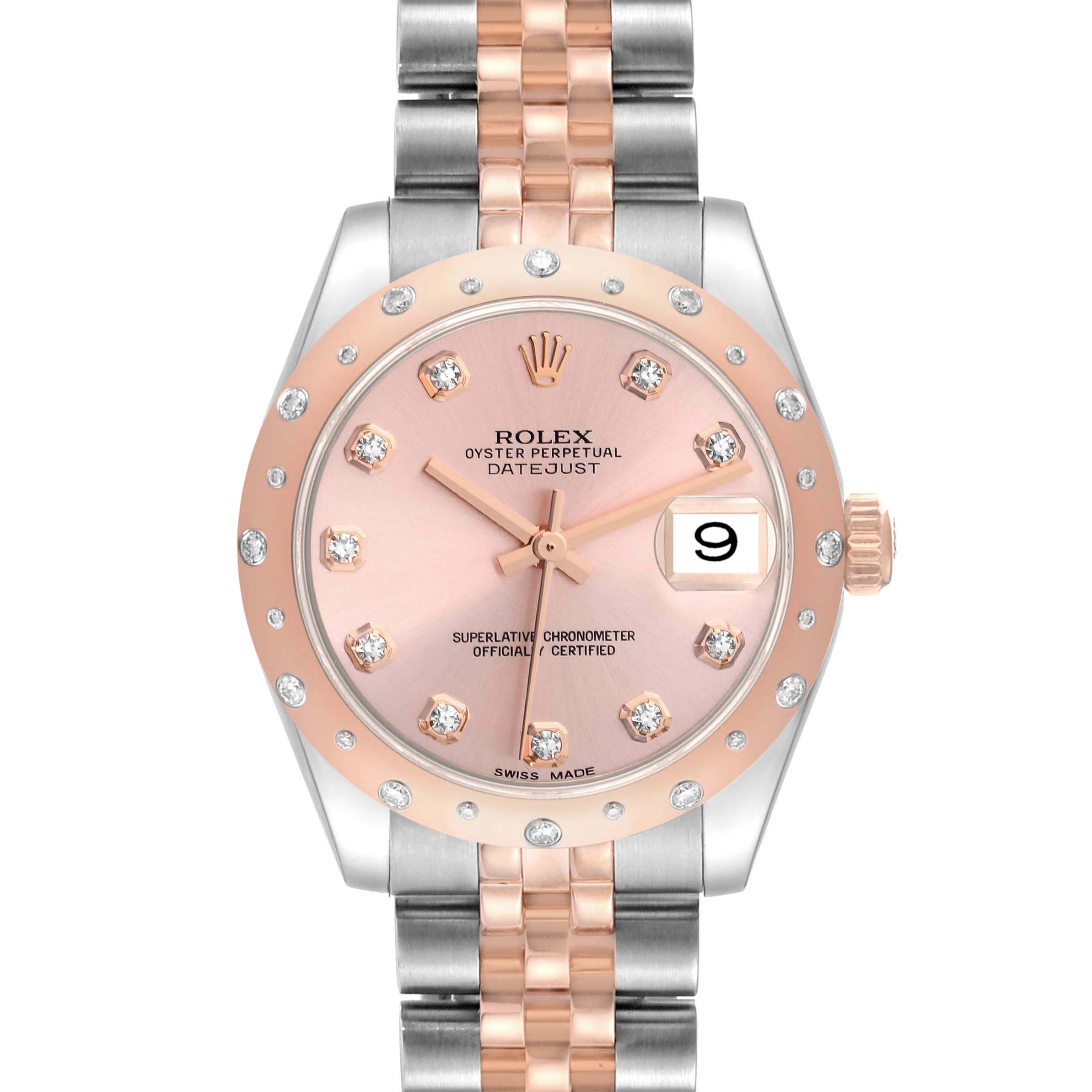 This image shows a frontal view of a Mid-Size Rolex Oyster Perpetual Datejust with a pink dial, diamond markers, and a two-tone bracelet.
