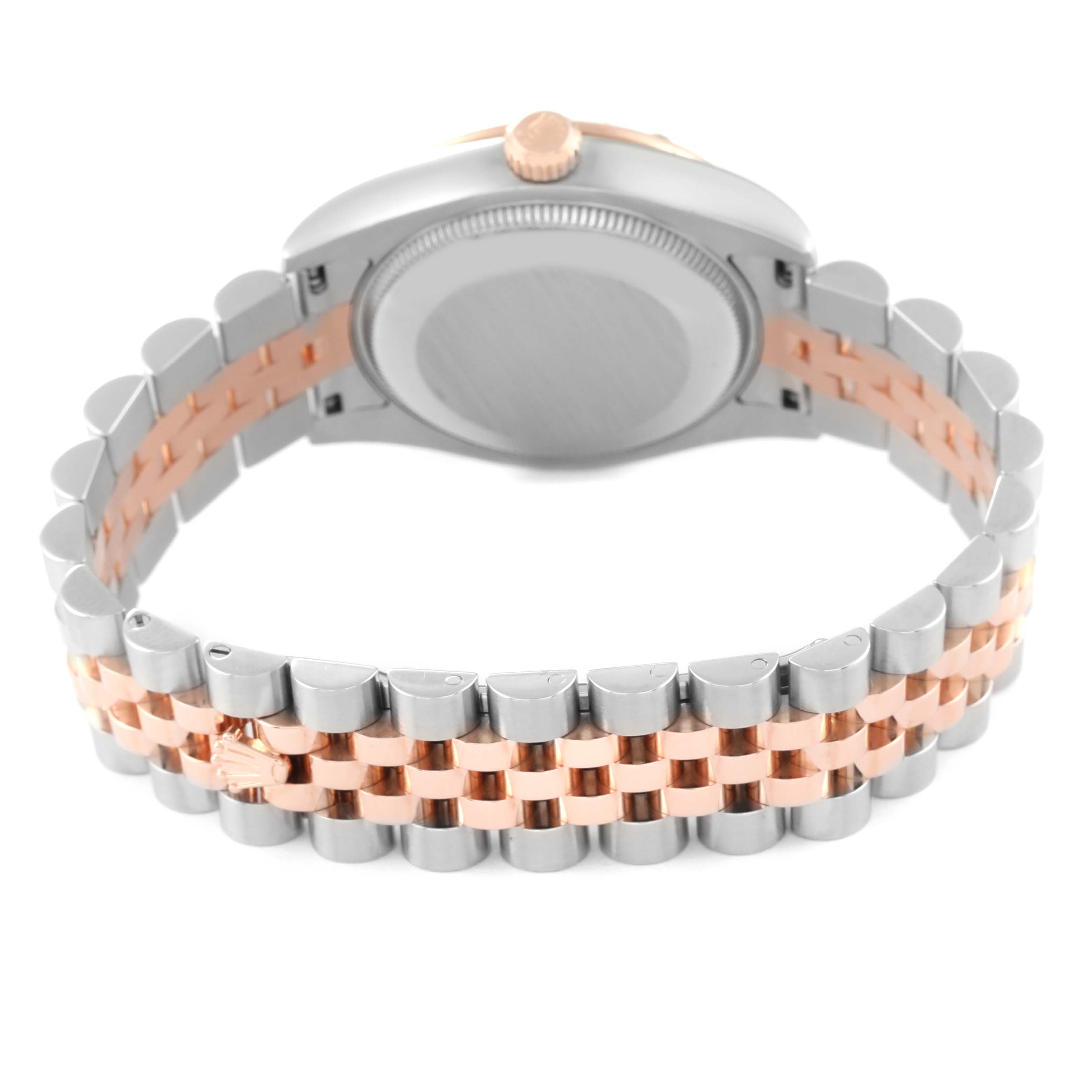 The image shows the back view of a Rolex Mid-Size 178341 Women's Steel and Gold (two tone) Pink Dial 178341 Women's Steel and Gold (two tone) Pink Dial watch, featuring its case back and the two-tone metal bracelet.