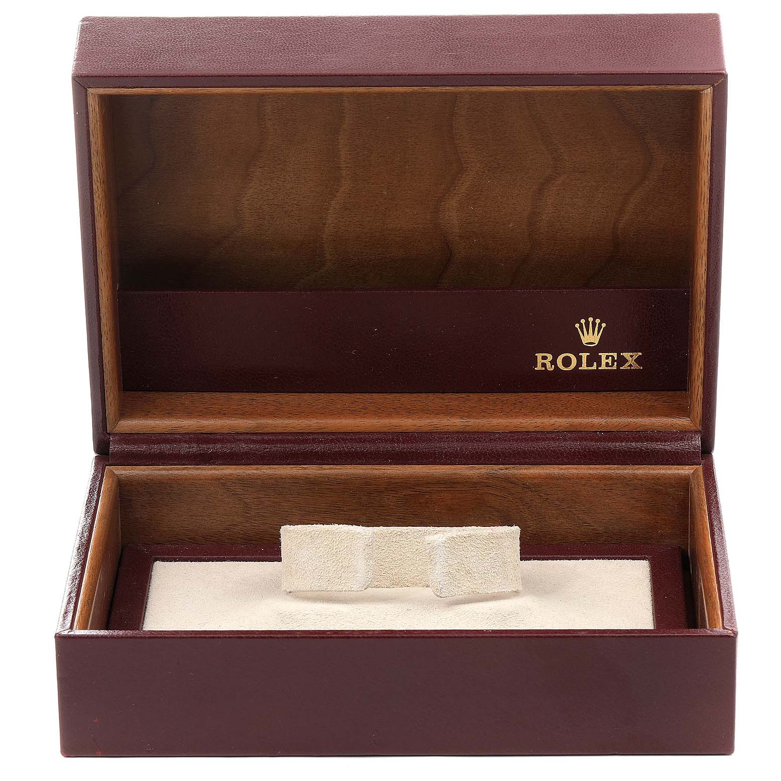 The image shows a Rolex watch box open from a front angle, displaying the brand logo and a cushioned holder inside.