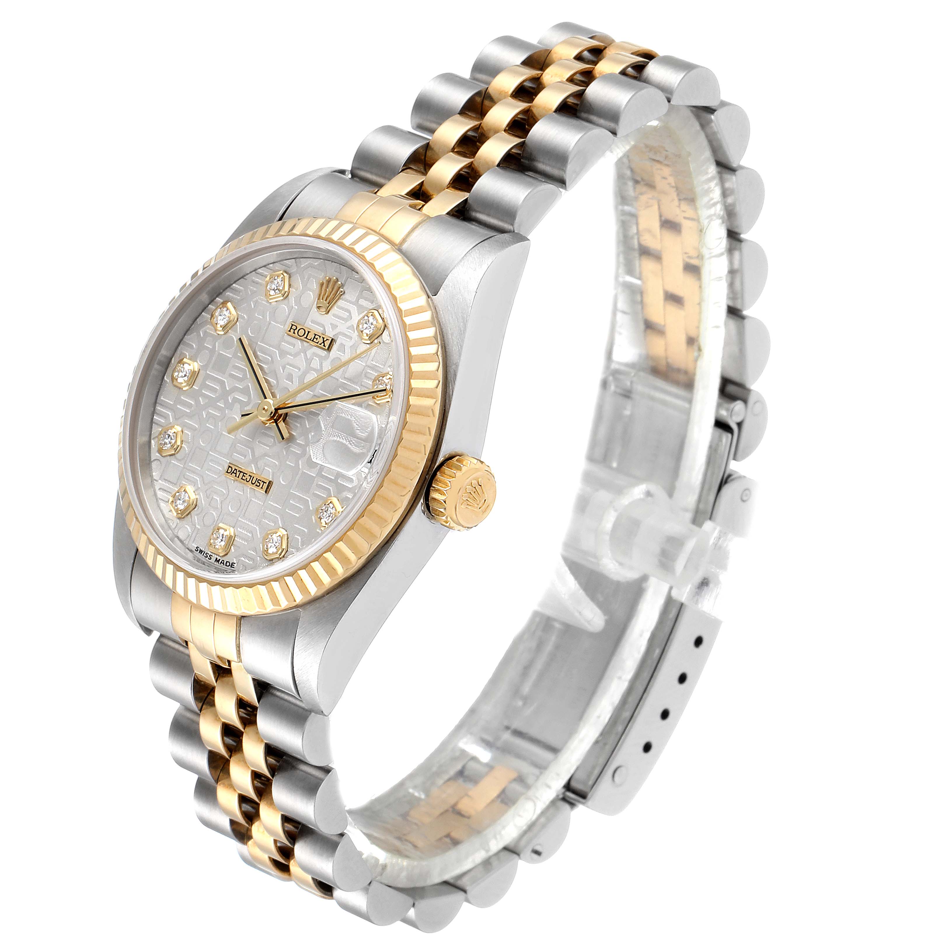 This image shows a side angle of a Rolex Mid-Size 78273 Women
s Steel and Gold (two tone) Silver Dial 78273 Women
s Steel and Gold (two tone) Silver Dial watch, highlighting its two-tone bracelet, bezel, and dial.