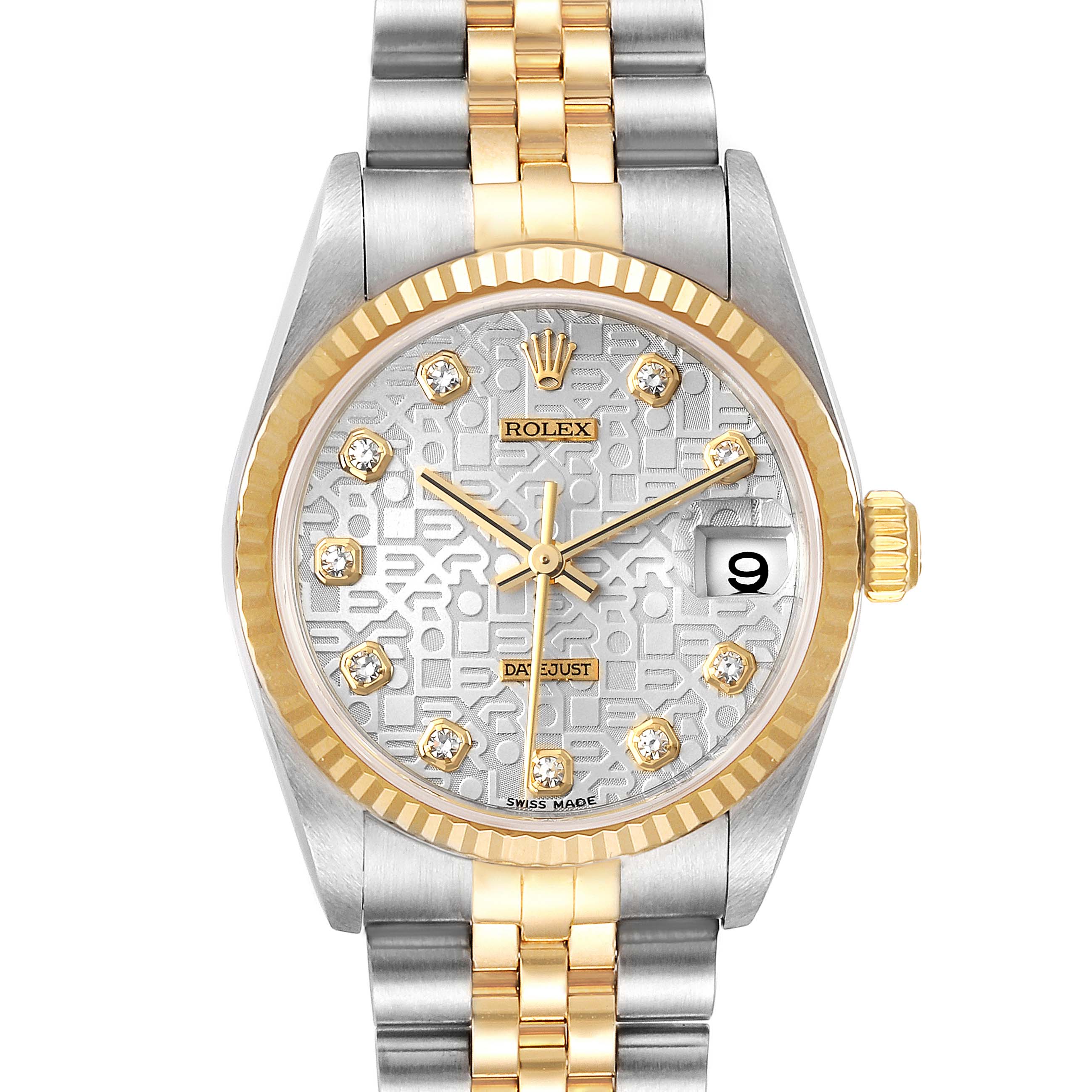 The Rolex Mid-Size 78273 Women
s Steel and Gold (two tone) Silver Dial 78273 Women
s Steel and Gold (two tone) Silver Dial model watch is shown from the front, highlighting its face, bezel, and two-tone bracelet.