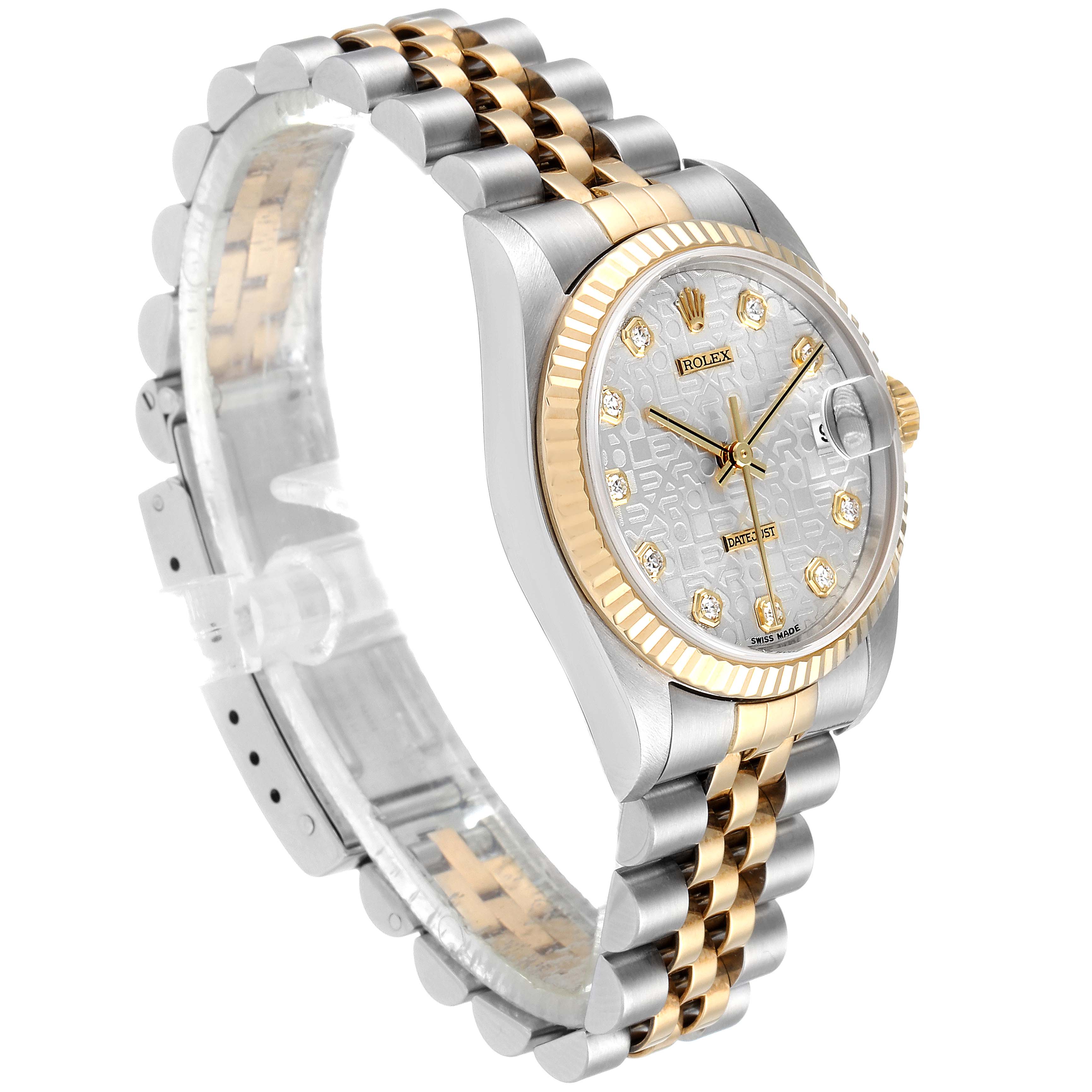 This image shows the Rolex Mid-Size 78273 Women
s Steel and Gold (two tone) Silver Dial 78273 Women
s Steel and Gold (two tone) Silver Dial watch from an angled perspective, highlighting its dial, bezel, crown, and bracelet.