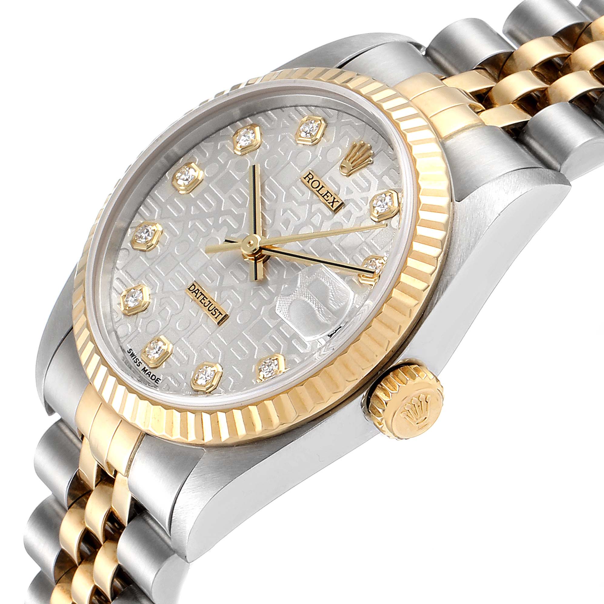 This Rolex Mid-Size 78273 Women
s Steel and Gold (two tone) Silver Dial 78273 Women
s Steel and Gold (two tone) Silver Dial model is shown at a 3/4 angle, displaying the face, bezel, crown, and part of the bracelet.