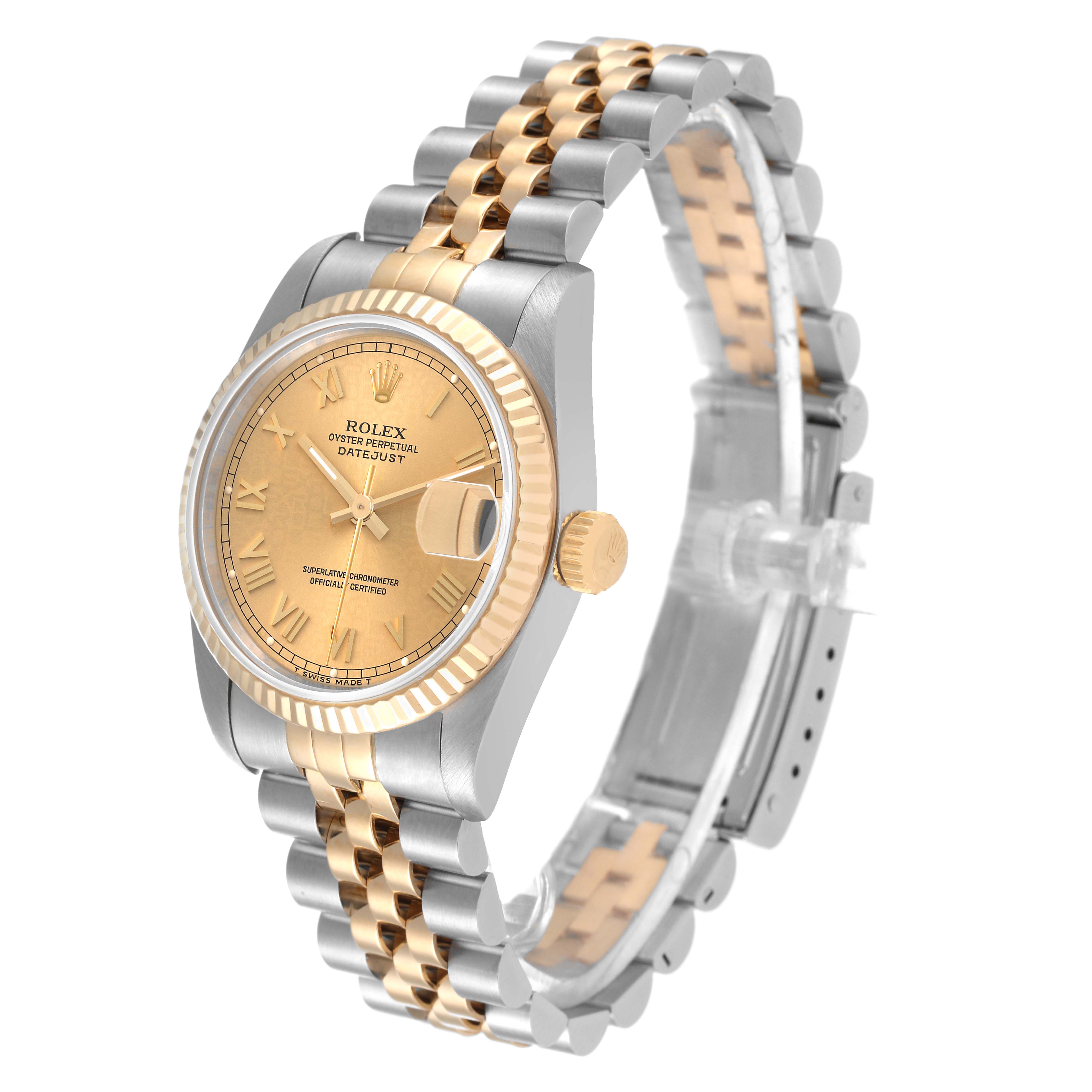 The Rolex Mid-Size 68273 Women
s Steel and Gold (two tone) Champagne Dial 68273 Women
s Steel and Gold (two tone) Champagne Dial watch is shown at a three-quarter angle, displaying its gold dial, bezel, and two-tone metal bracelet.