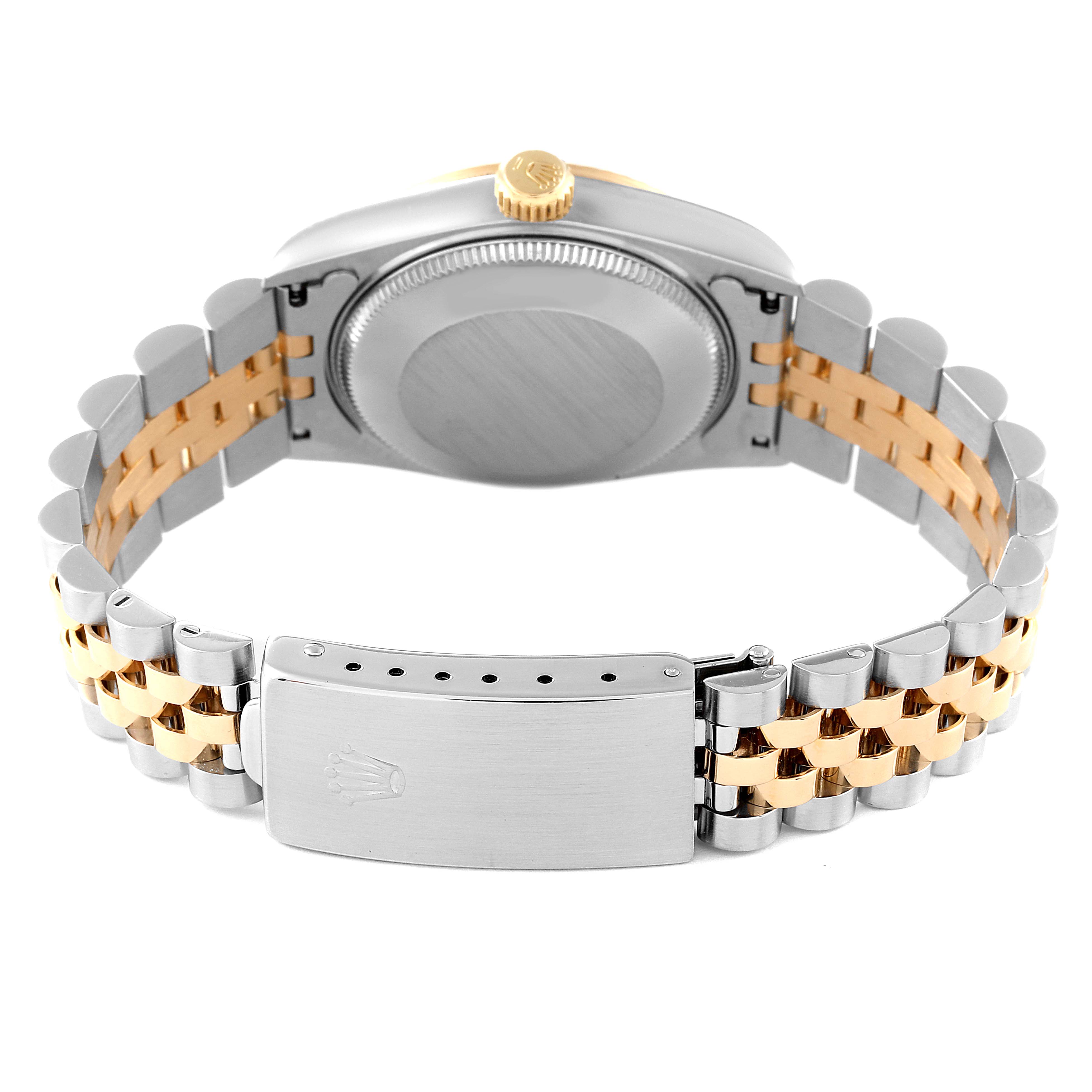 This image shows the back of the Rolex Mid-Size 68273 Women
s Steel and Gold (two tone) Champagne Dial 68273 Women
s Steel and Gold (two tone) Champagne Dial watch, highlighting the case back, crown, and two-tone bracelet with the clasp.