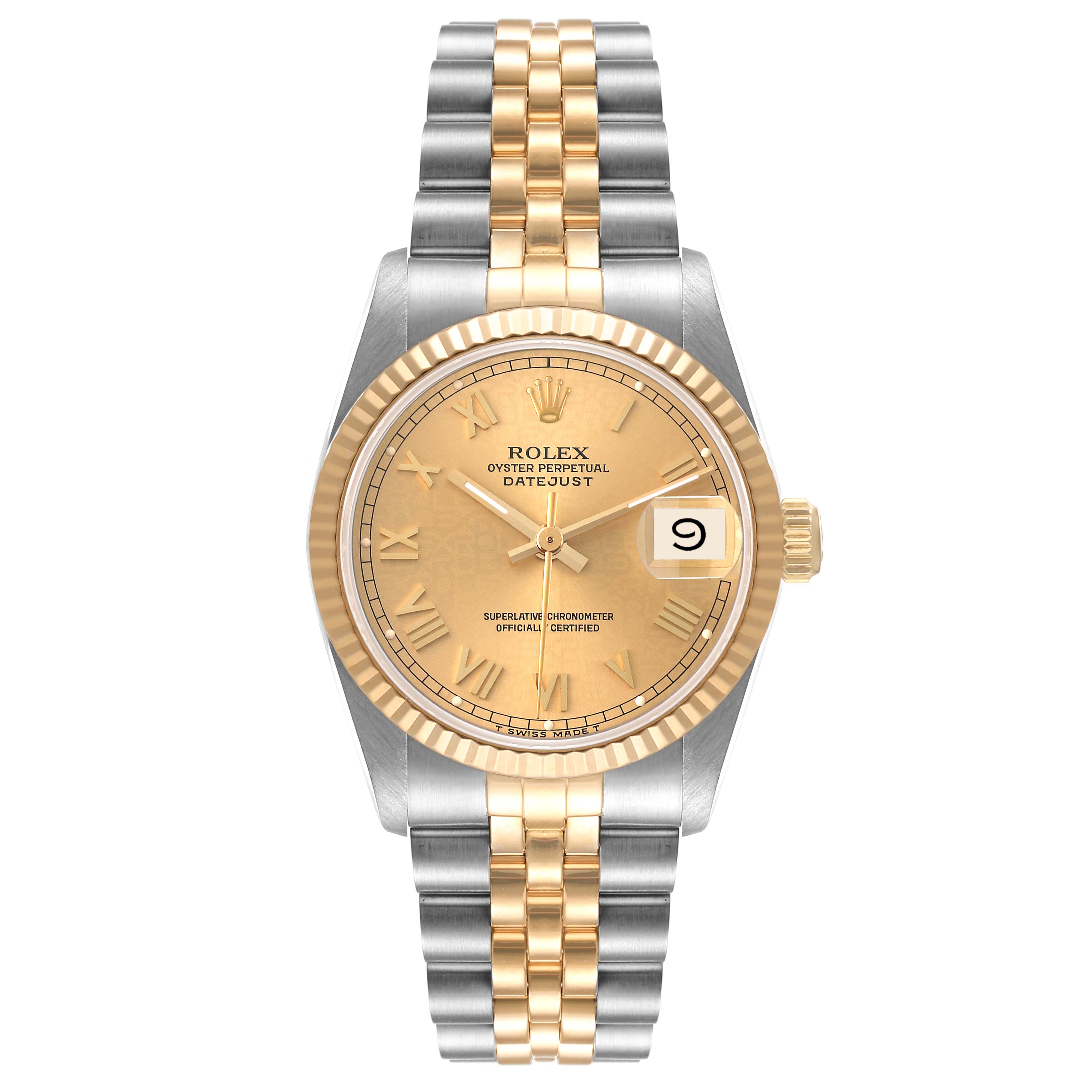 The image shows the front view of a Rolex Datejust Mid-Size watch with a two-tone metal band and gold dial.