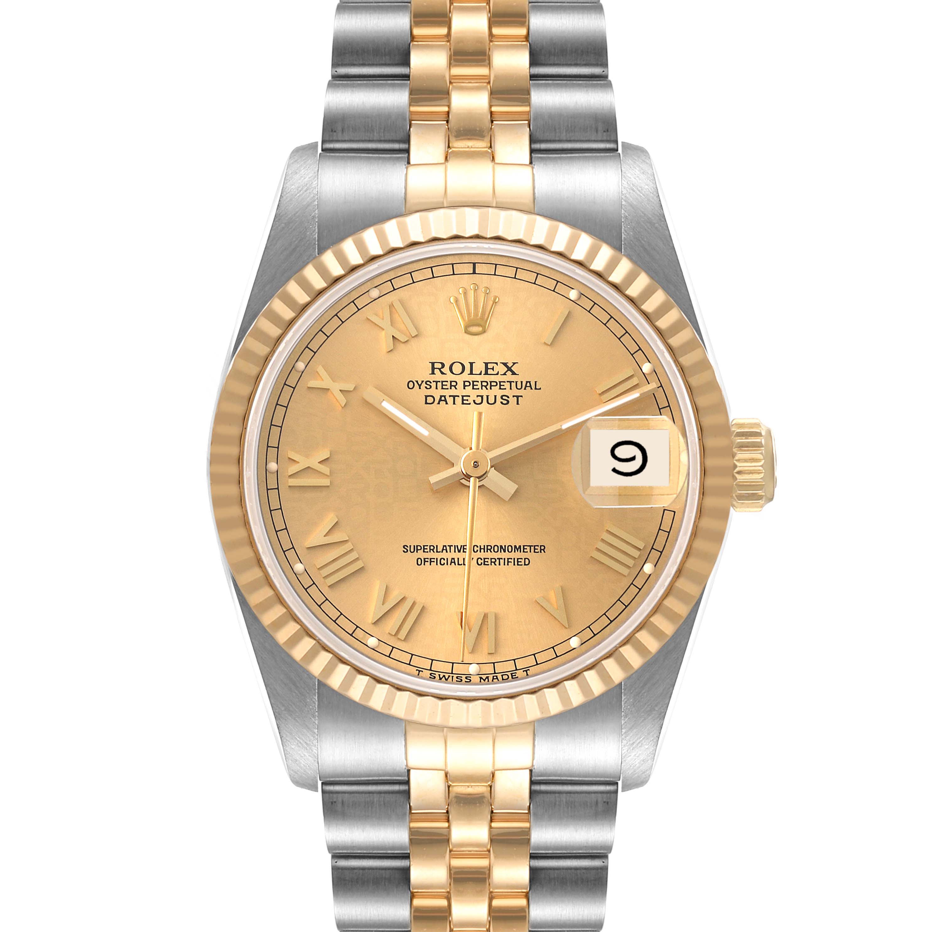 The Rolex Mid-Size 68273 Women
s Steel and Gold (two tone) Champagne Dial 68273 Women
s Steel and Gold (two tone) Champagne Dial Datejust watch is shown from a front angle, highlighting its dial, case, crown, and two-tone bracelet.