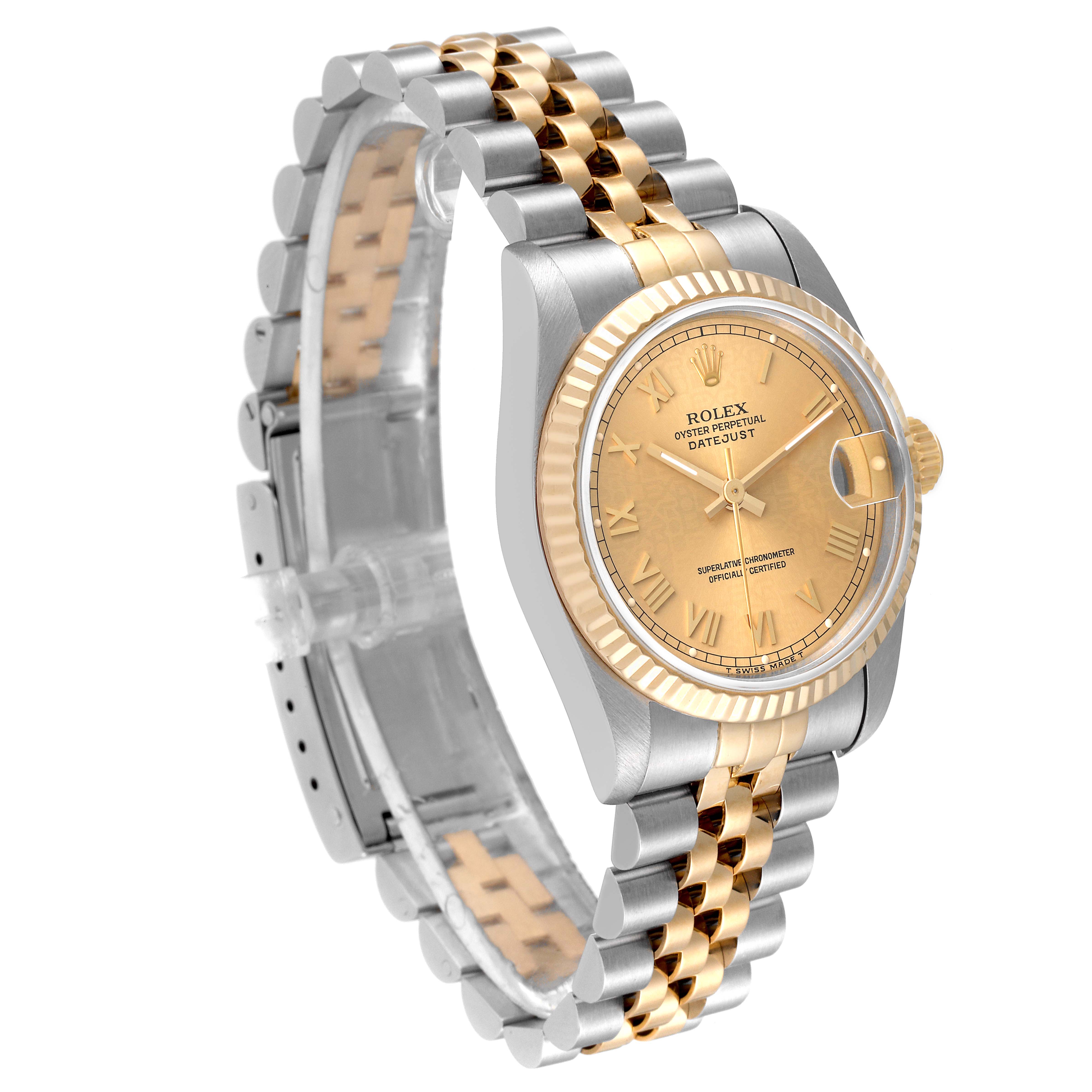 The image shows a Rolex Mid-Size 68273 Women
s Steel and Gold (two tone) Champagne Dial 68273 Women
s Steel and Gold (two tone) Champagne Dial Datejust watch from a front-side angle, highlighting the face, bezel, and two-tone band.