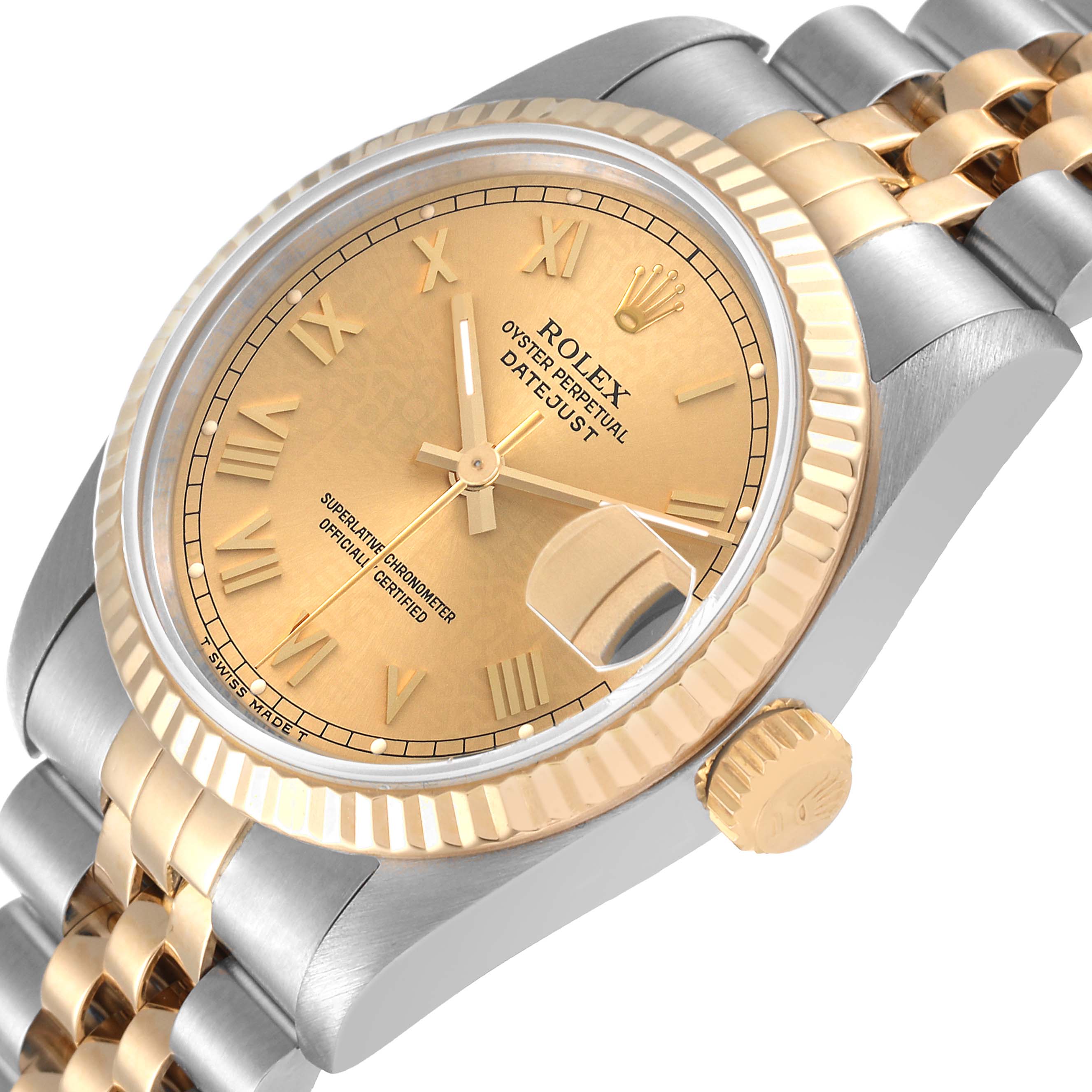The image shows an angled close-up of a Rolex Mid-Size 68273 Women
s Steel and Gold (two tone) Champagne Dial 68273 Women
s Steel and Gold (two tone) Champagne Dial Datejust watch, highlighting the dial, crown, and bracelet.