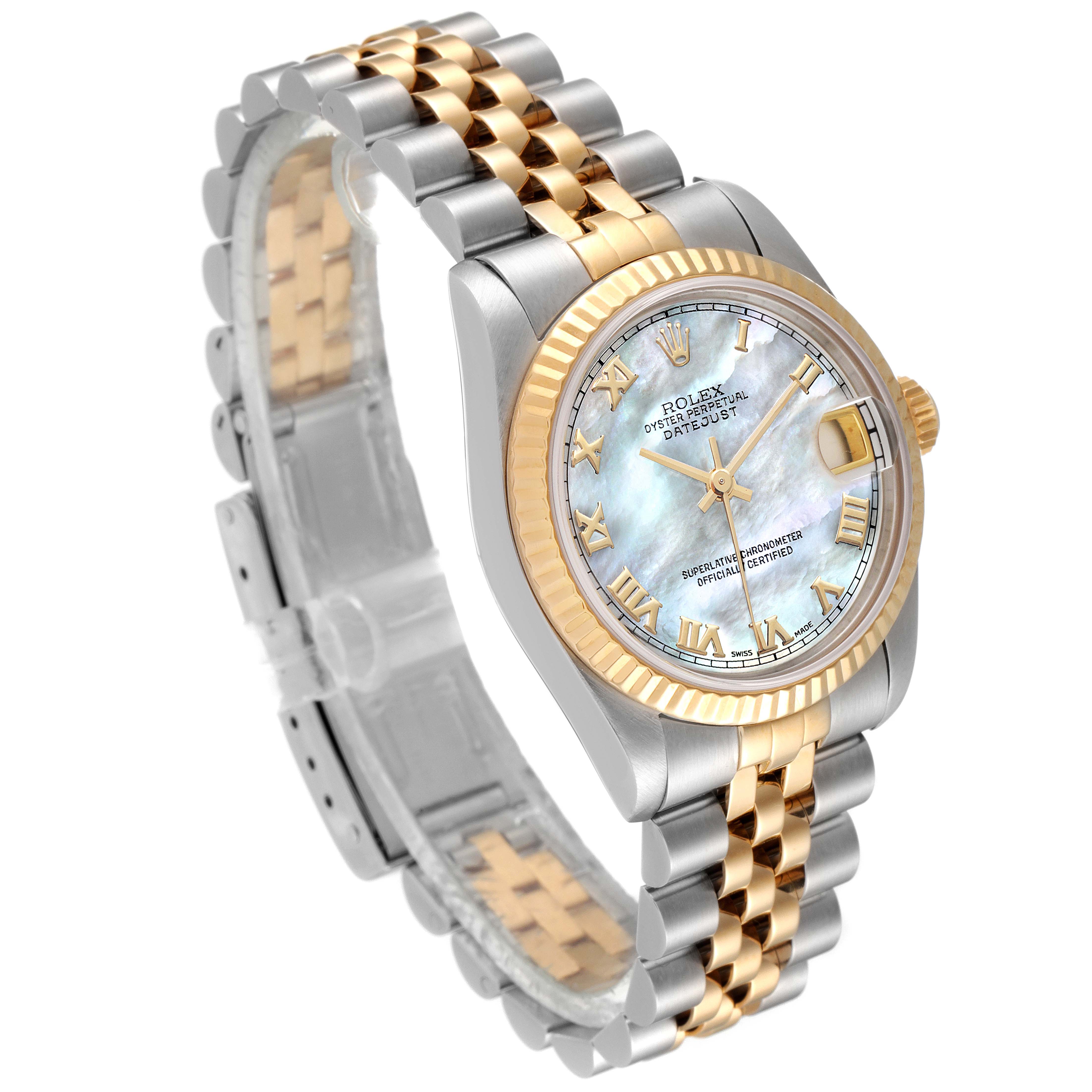 This image shows an angled view of the face, bezel, case, and bracelet of a Rolex Mid-Size 68273 Women's Steel and Gold (two tone) Mother of Pearl Dial 68273 Women's Steel and Gold (two tone) Mother of Pearl Dial model watch.