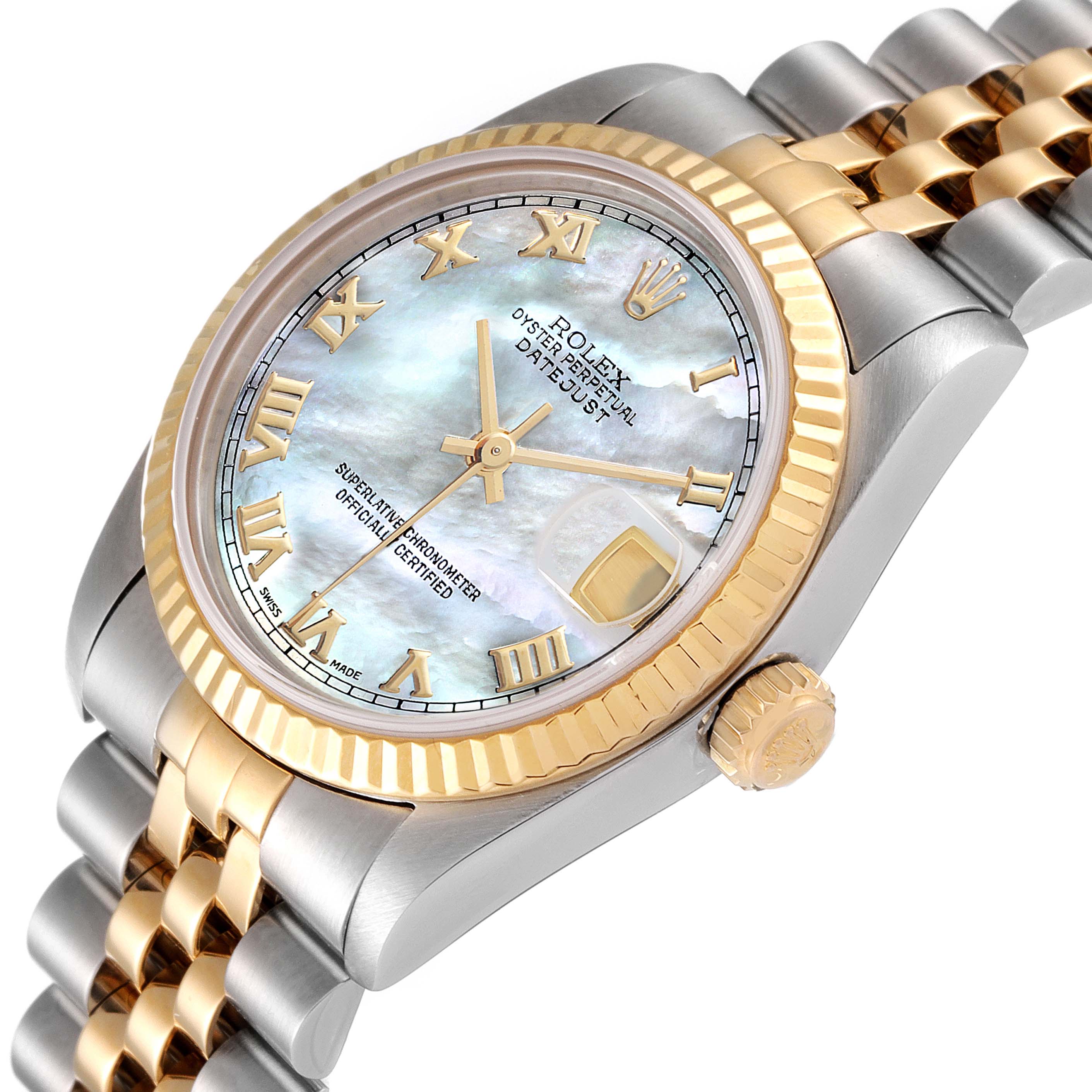 The image shows a Rolex Mid-Size 68273 Women's Steel and Gold (two tone) Mother of Pearl Dial 68273 Women's Steel and Gold (two tone) Mother of Pearl Dial model watch at an angle highlighting the dial, crown, bezel, and part of the bracelet.