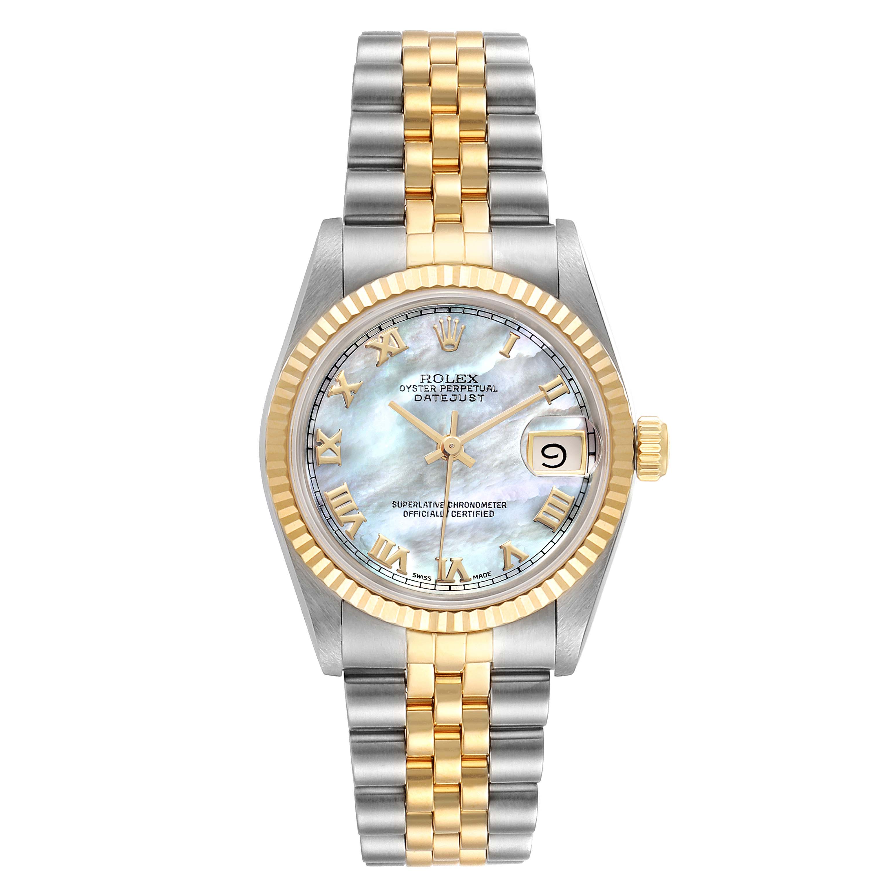 This Rolex Datejust Mid-Size watch is shown from a front angle, highlighting its face, bezel, and bracelet.