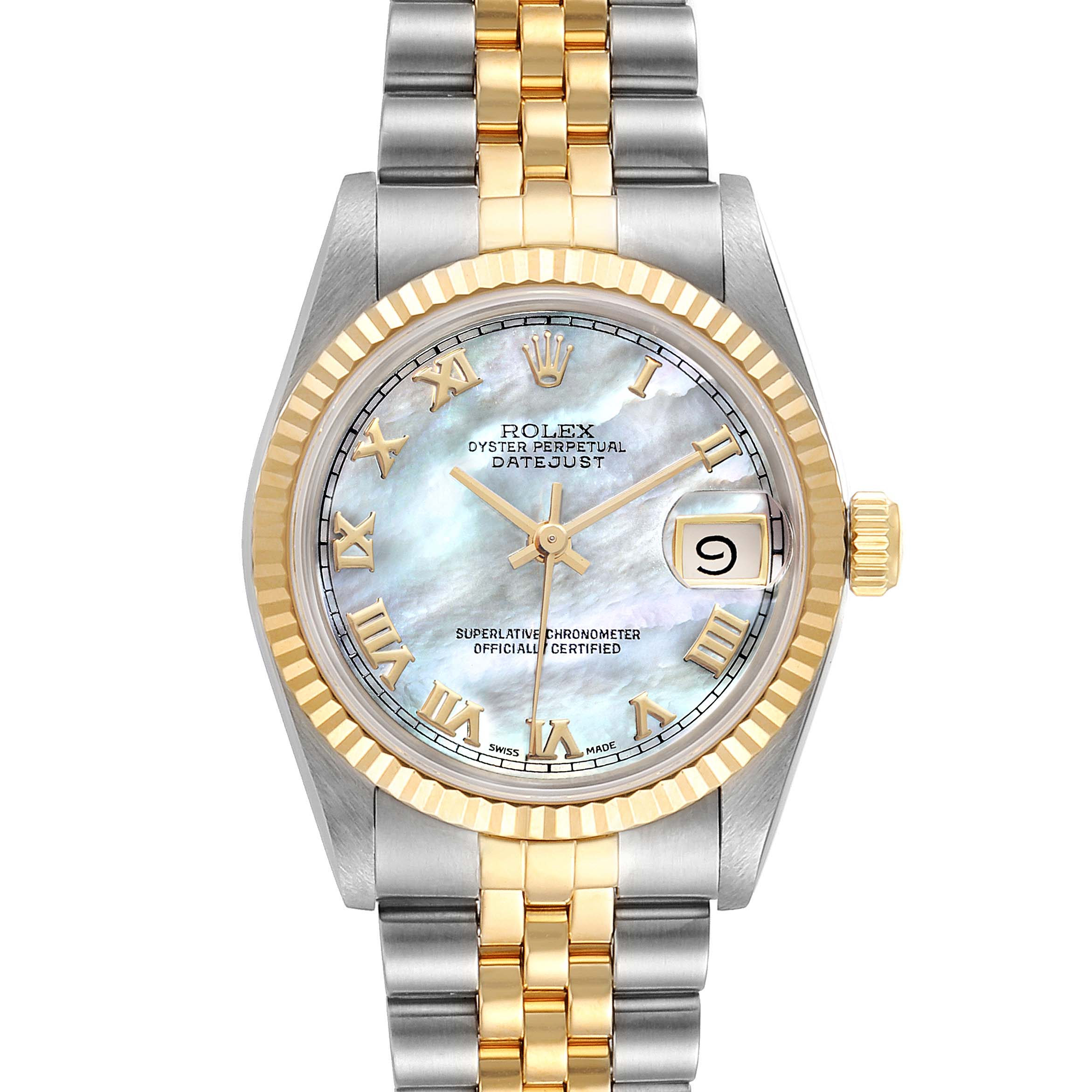 The image shows a front view of the Rolex Mid-Size 68273 Women's Steel and Gold (two tone) Mother of Pearl Dial 68273 Women's Steel and Gold (two tone) Mother of Pearl Dial Oyster Perpetual Datejust with a mother-of-pearl dial and two-tone bracelet.