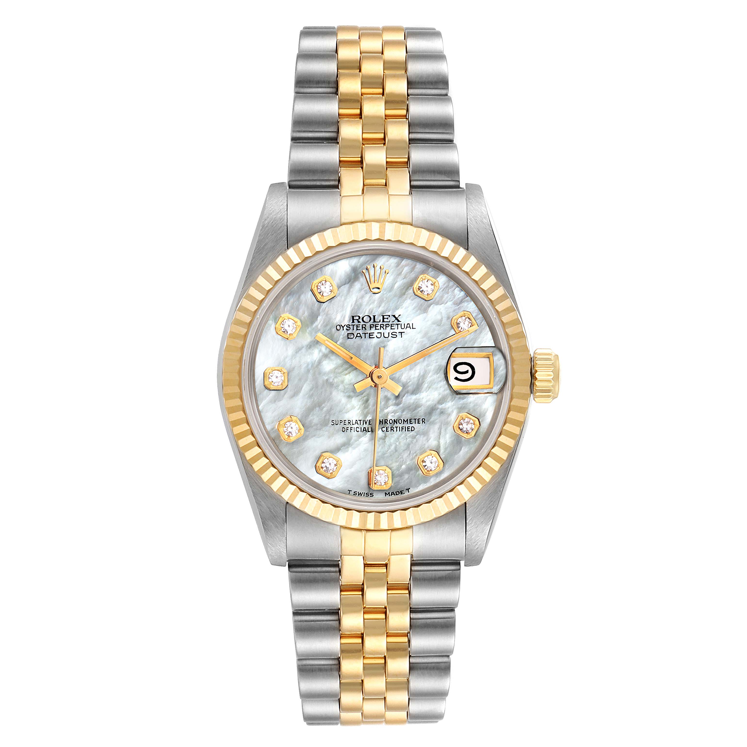 This image shows a front view of a Rolex Mid-Size 68273 Women's Steel and Gold (two tone) Mother of Pearl Dial 68273 Women's Steel and Gold (two tone) Mother of Pearl Dial Oyster Perpetual Datejust watch with a two-tone bracelet and a mother-of-pearl dial.
