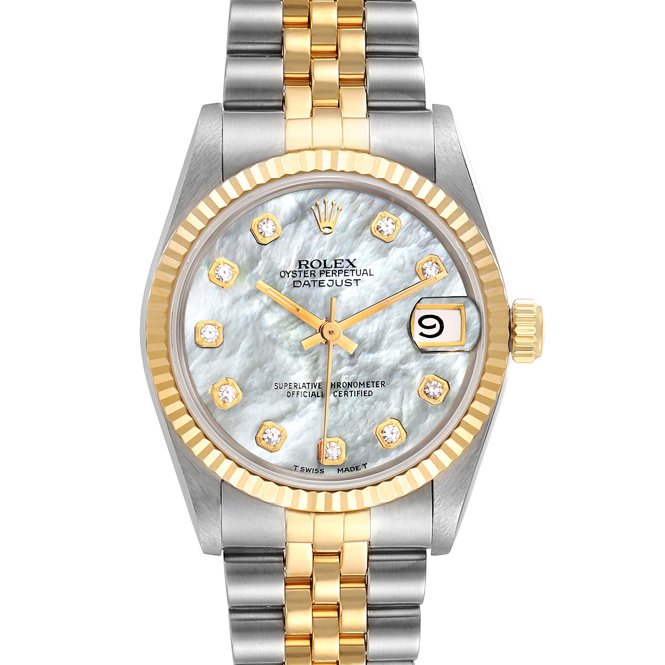 This image shows a Rolex Oyster Perpetual Datejust Mid-Size watch from a front view, displaying the face, bezel, and bracelet.