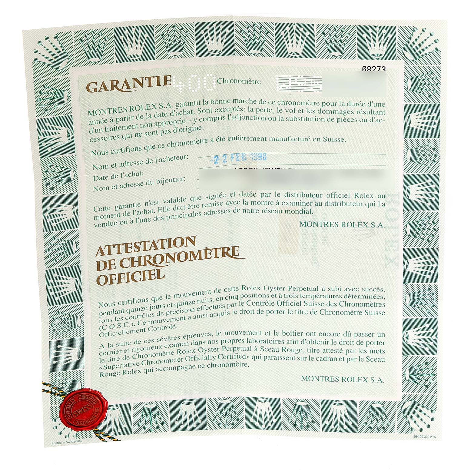 The image shows a warranty card for a Mid-Size Rolex watch, detailing guarantee and certification information.