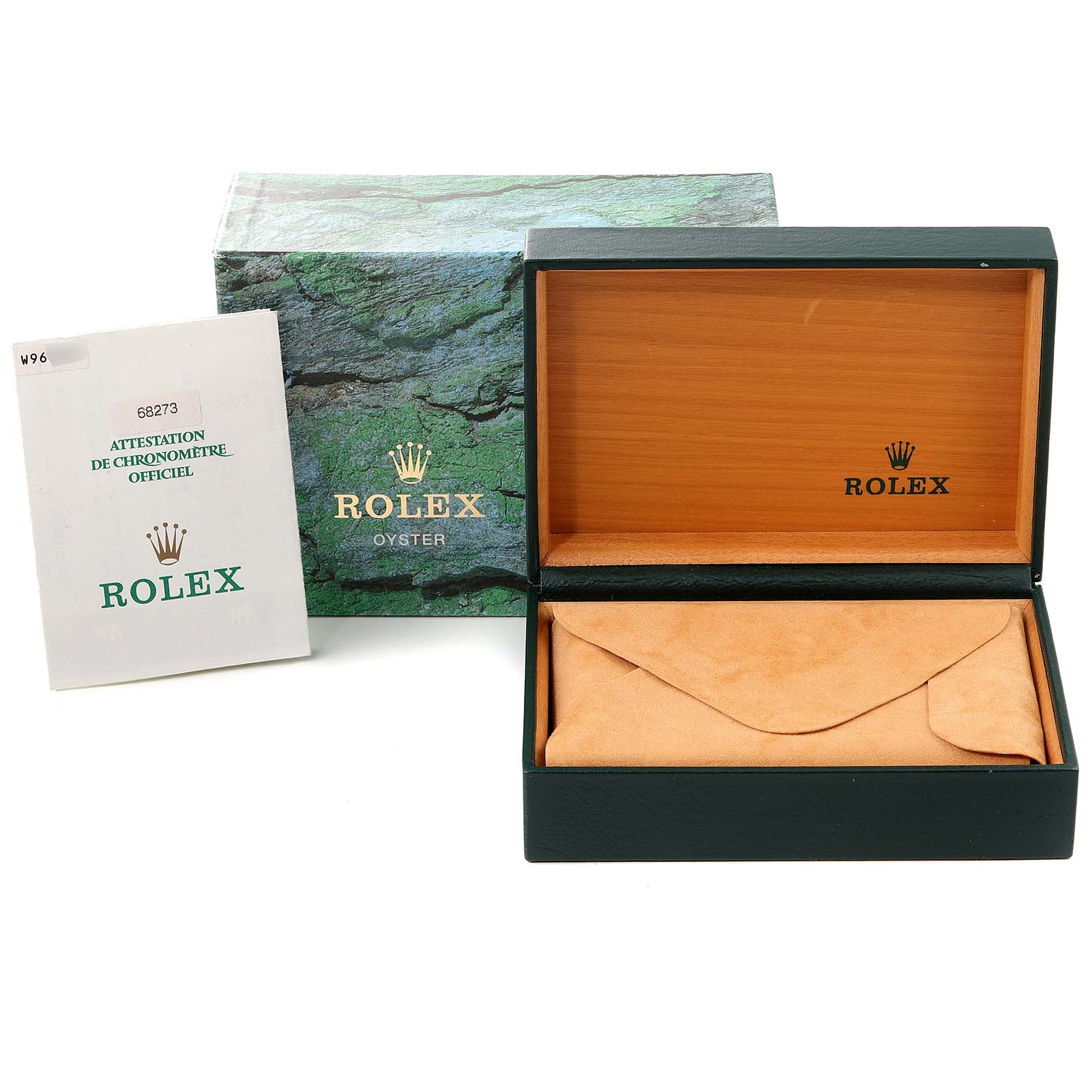 The image shows the packaging and accessories for a Mid-Size Rolex watch, including the box, manual, and pouch.