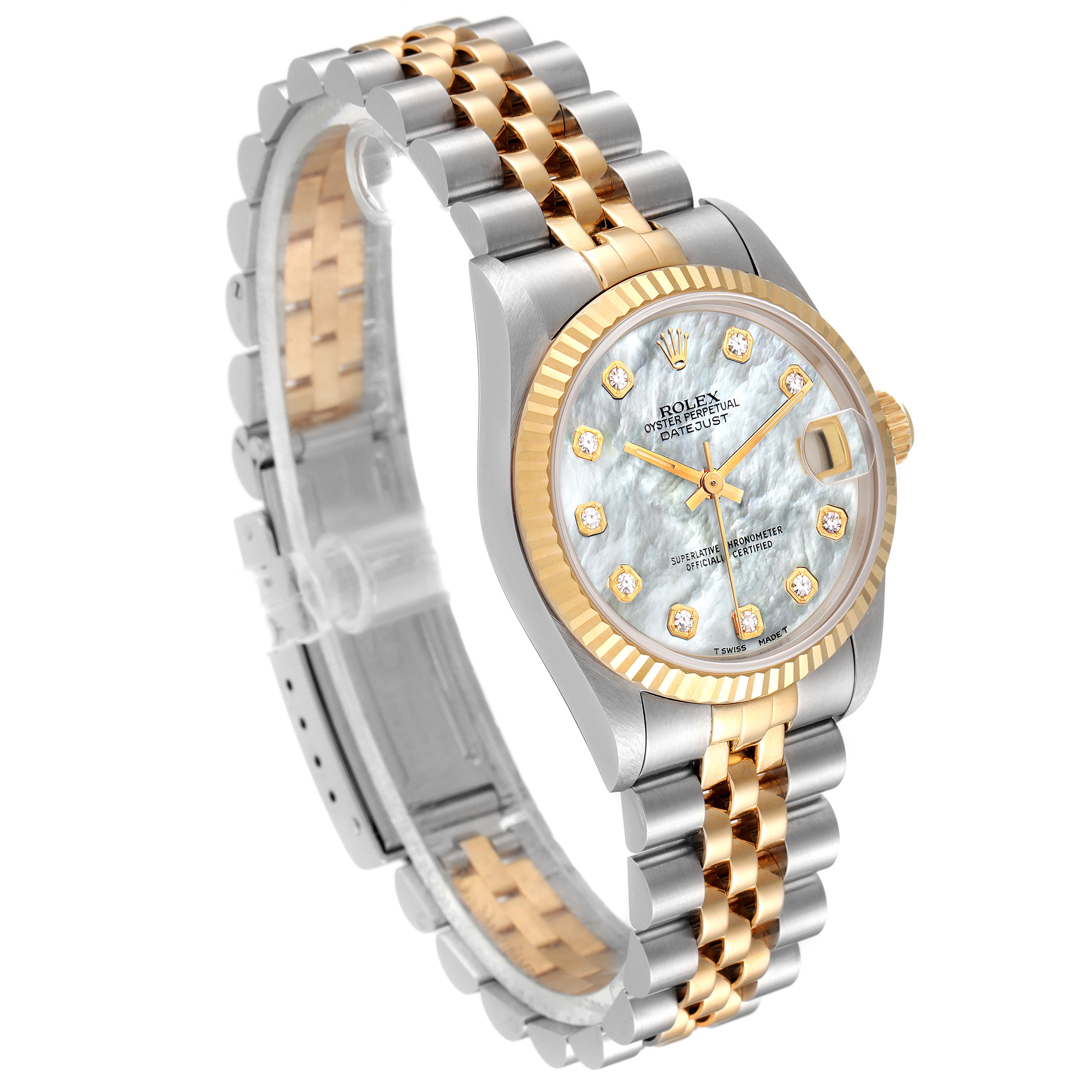 The image shows a Rolex Mid-Size 68273 Women's Steel and Gold (two tone) Mother of Pearl Dial 68273 Women's Steel and Gold (two tone) Mother of Pearl Dial Datejust watch angled slightly to the right, highlighting its gold and silver bracelet and gemstone-studded dial.