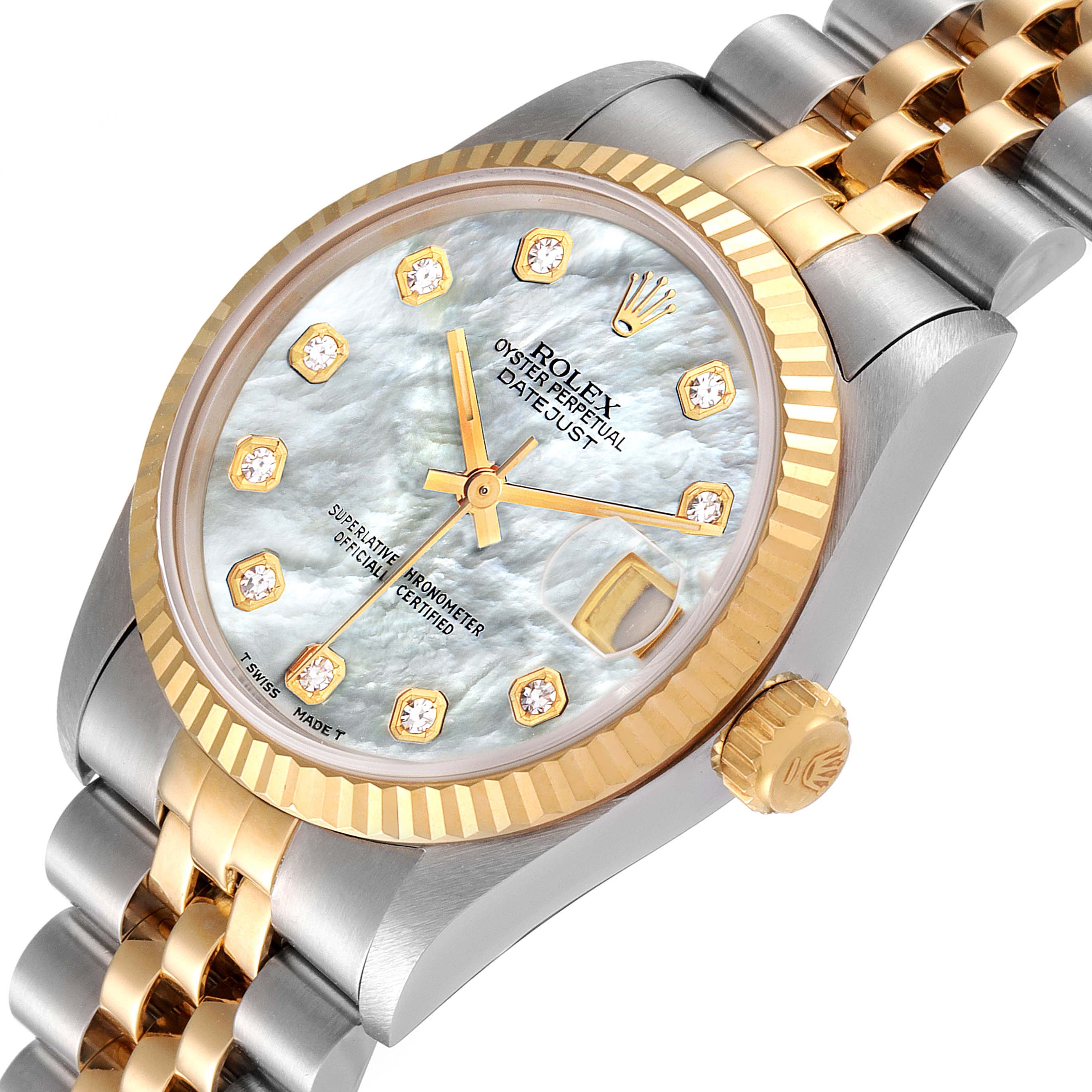 The image shows a close-up angle of the Rolex Mid-Size 68273 Women's Steel and Gold (two tone) Mother of Pearl Dial 68273 Women's Steel and Gold (two tone) Mother of Pearl Dial Datejust watch featuring its face, crown, and part of its two-tone bracelet.