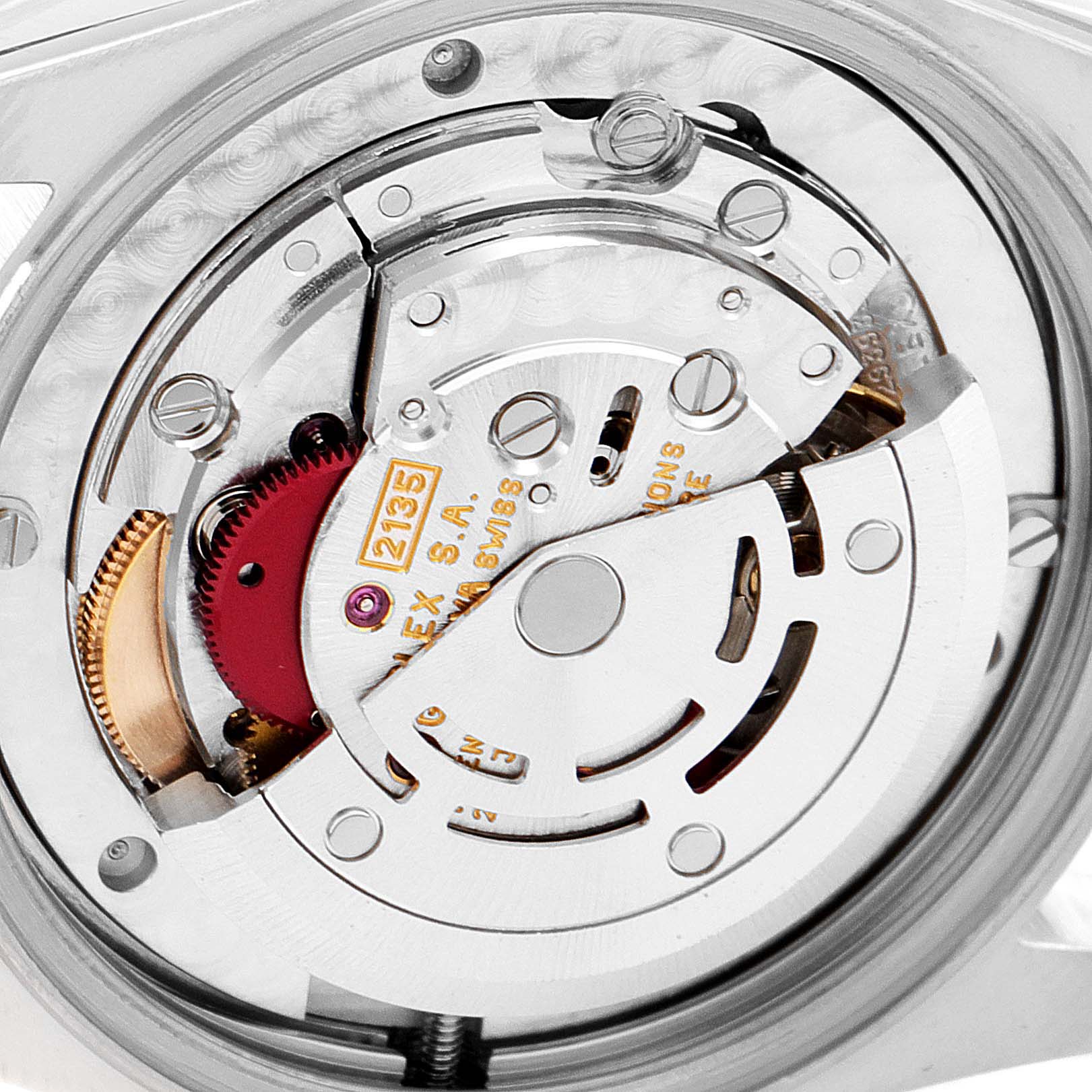 This close-up image shows the movement and internal mechanism of a Rolex Mid-Size 68273 Women's Steel and Gold (two tone) Mother of Pearl Dial 68273 Women's Steel and Gold (two tone) Mother of Pearl Dial model watch.