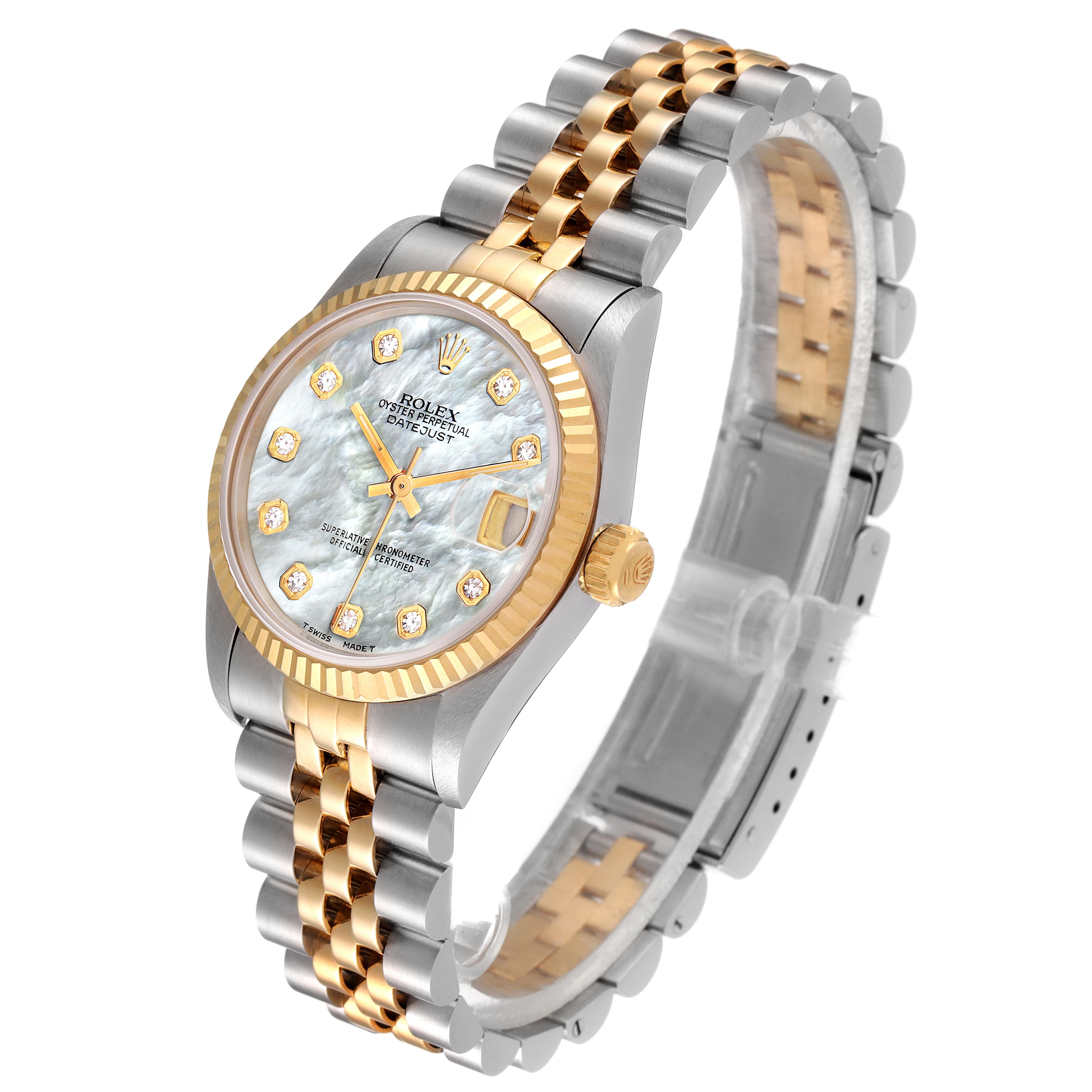 The image shows a Rolex Mid-Size 68273 Women's Steel and Gold (two tone) Mother of Pearl Dial 68273 Women's Steel and Gold (two tone) Mother of Pearl Dial model watch angled to display its face, bezel, crown, and two-tone bracelet.