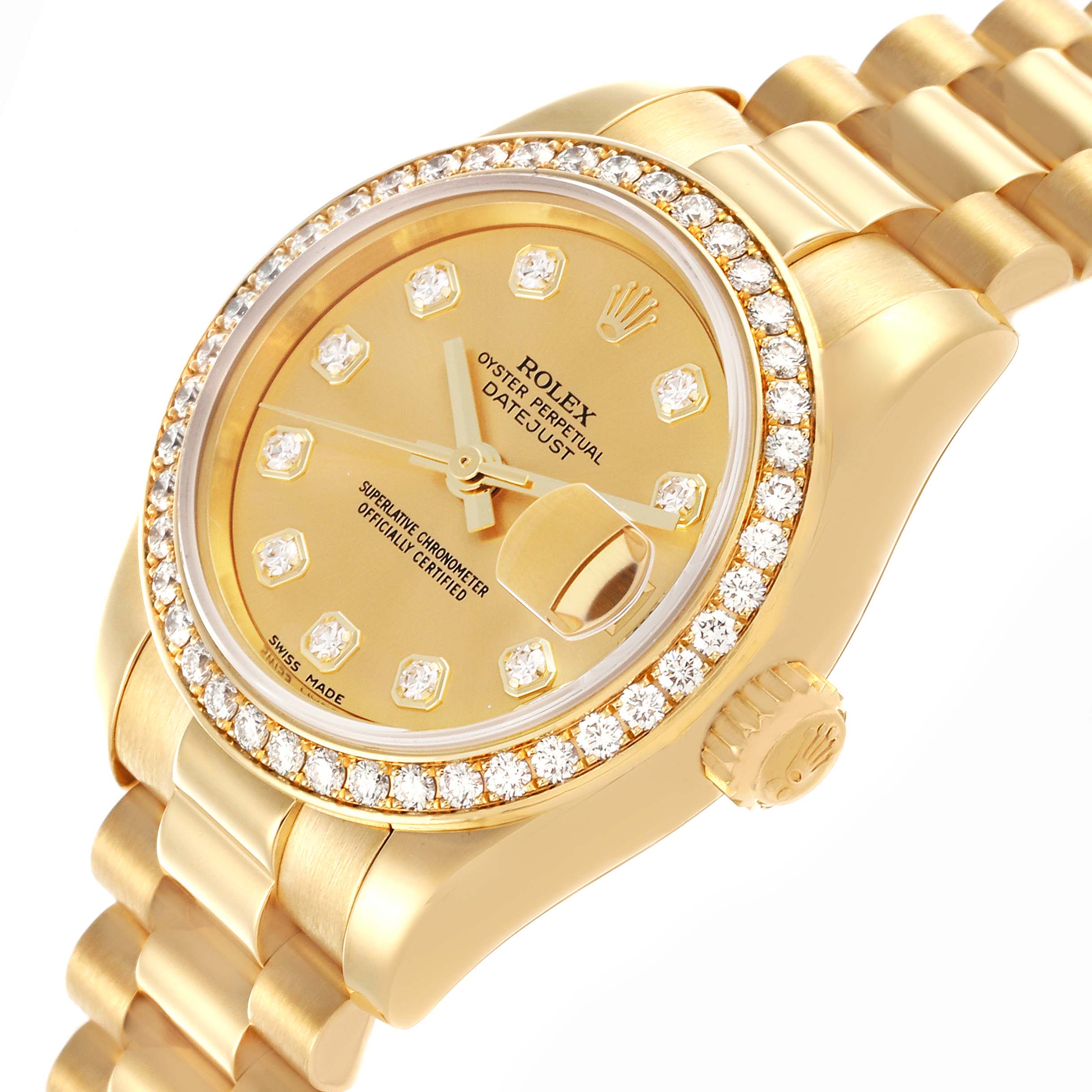 The Rolex President 179138 Women's Yellow Gold Champagne Dial 179138 Women's Yellow Gold Champagne Dial model is shown at an angled view, displaying the watch face, bezel, crown, and part of the bracelet.