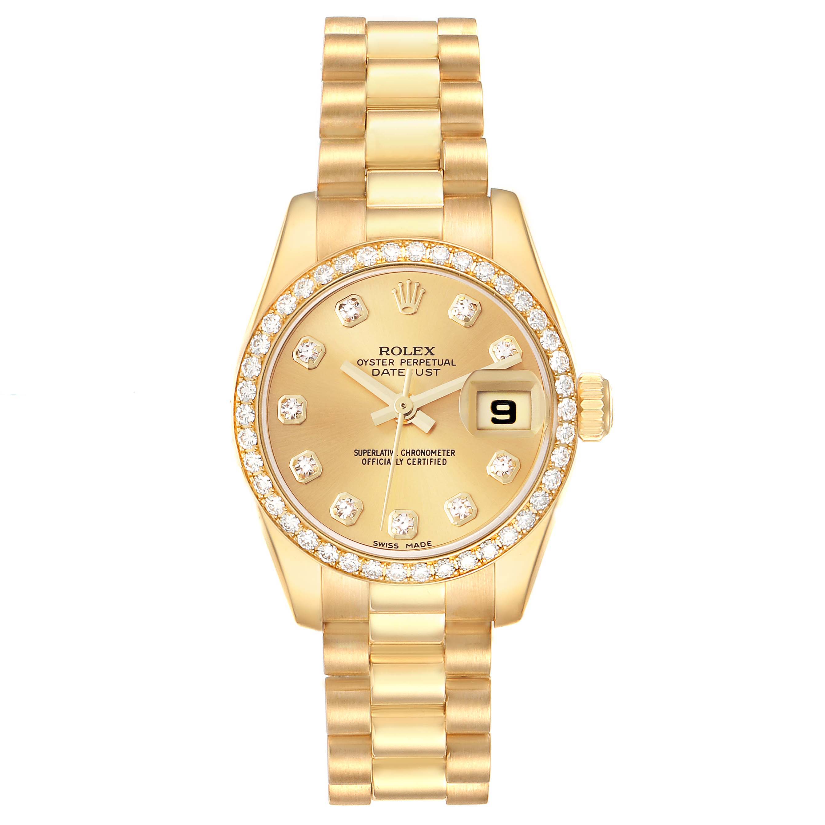 The Rolex President 179138 Women's Yellow Gold Champagne Dial 179138 Women's Yellow Gold Champagne Dial model is shown from the front, displaying its gold bracelet, diamond-set bezel, and date window.