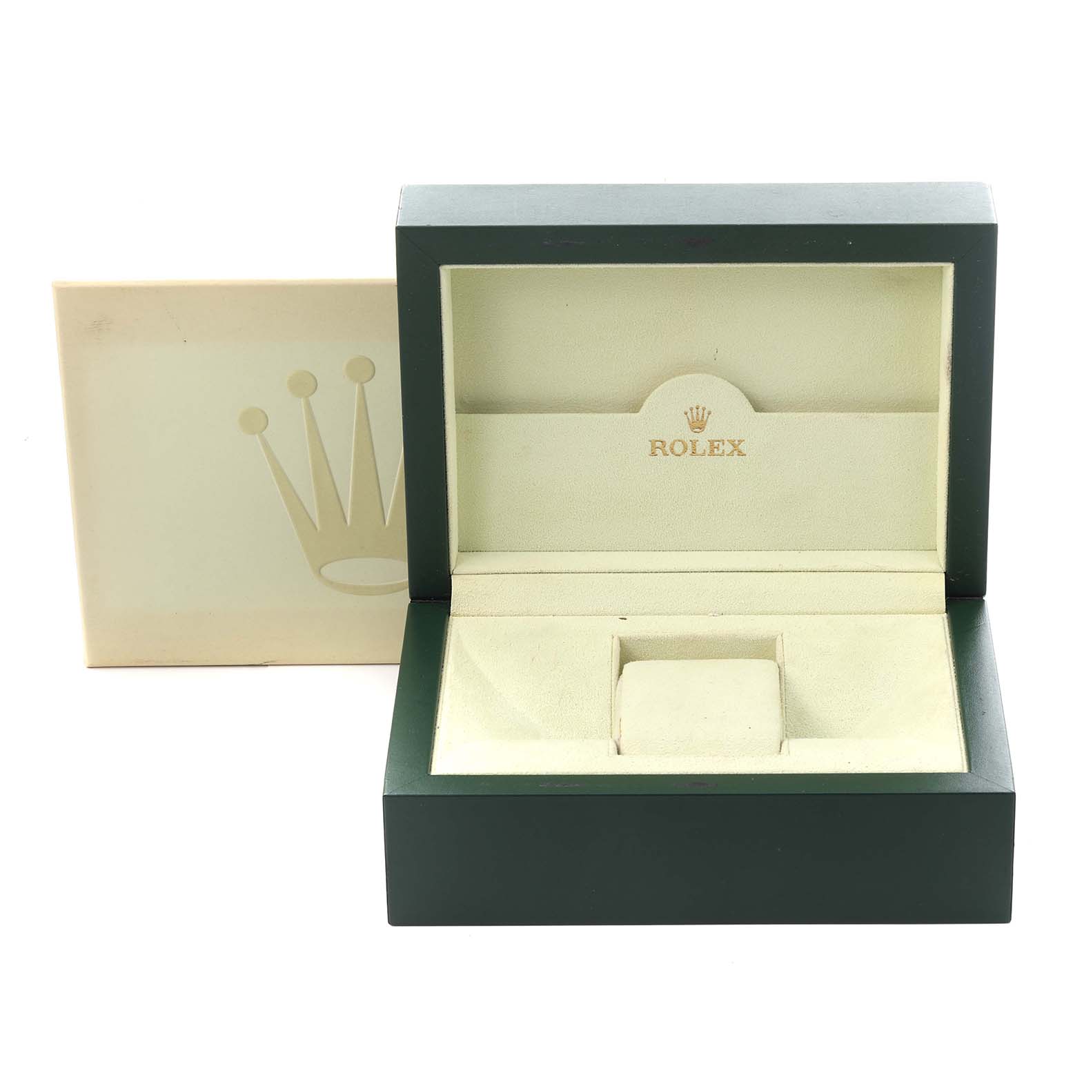 The image shows an open Rolex President 179138 Women's Yellow Gold Champagne Dial 179138 Women's Yellow Gold Champagne Dial model watch box with the lid at an angle, displaying the interior.