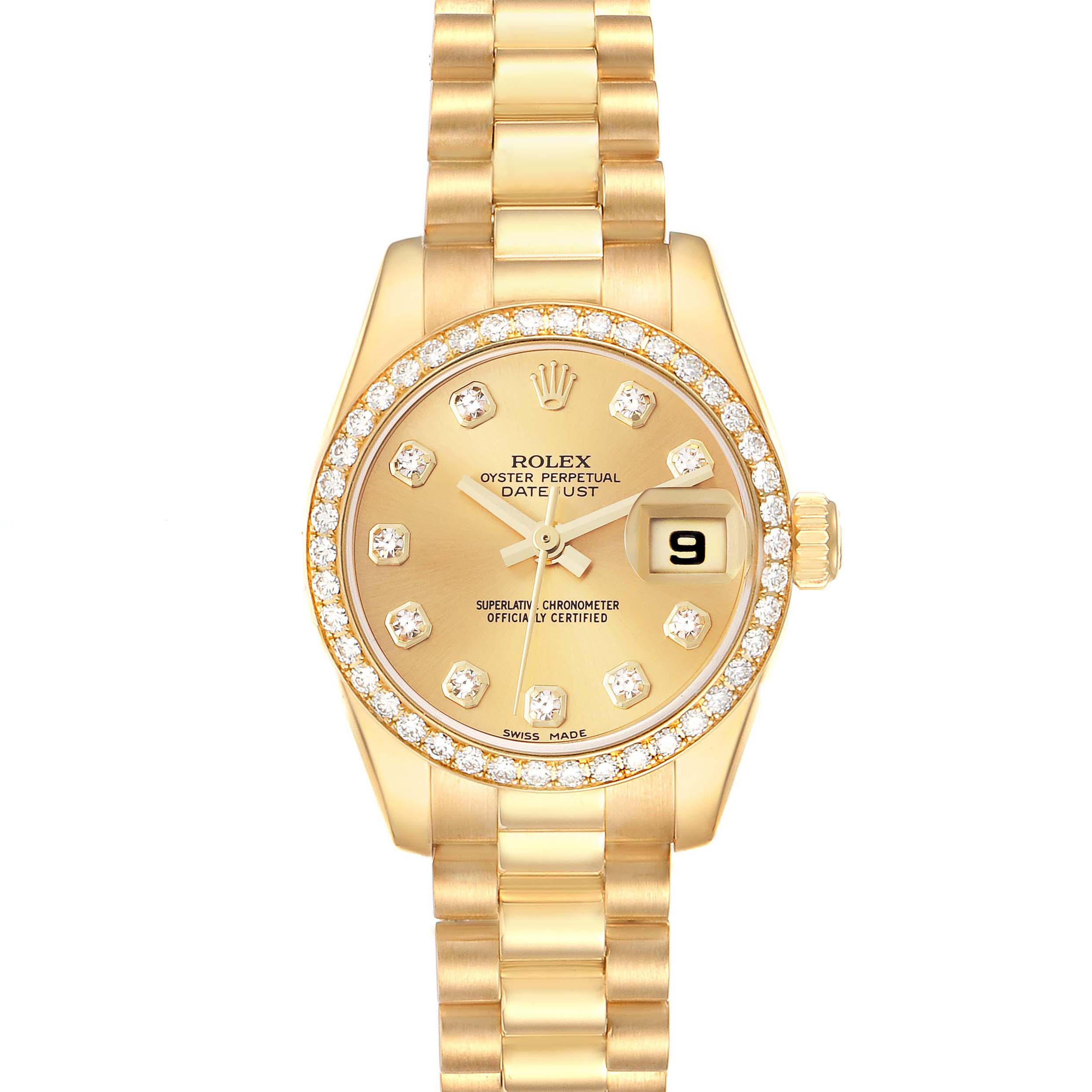 The image shows a Rolex President 179138 Women's Yellow Gold Champagne Dial 179138 Women's Yellow Gold Champagne Dial watch from a top view, displaying the dial, bezel with diamonds, case, and bracelet.