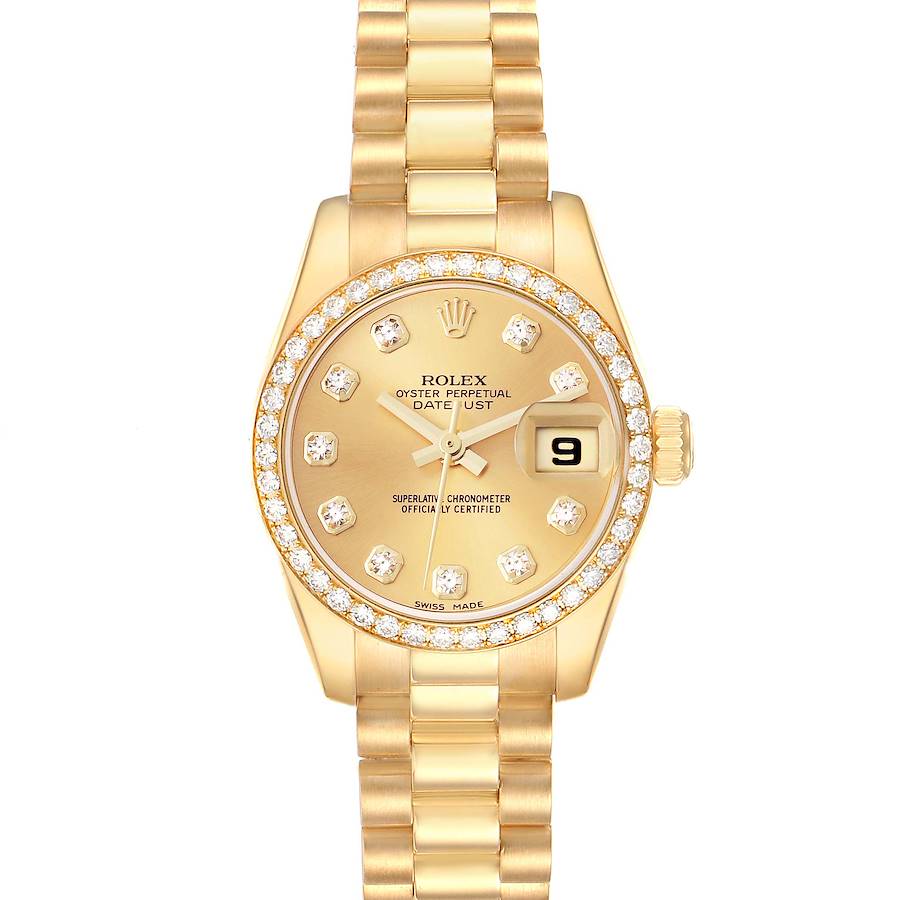 The image shows a Rolex President watch from a top view, displaying the dial, bezel with diamonds, case, and bracelet.