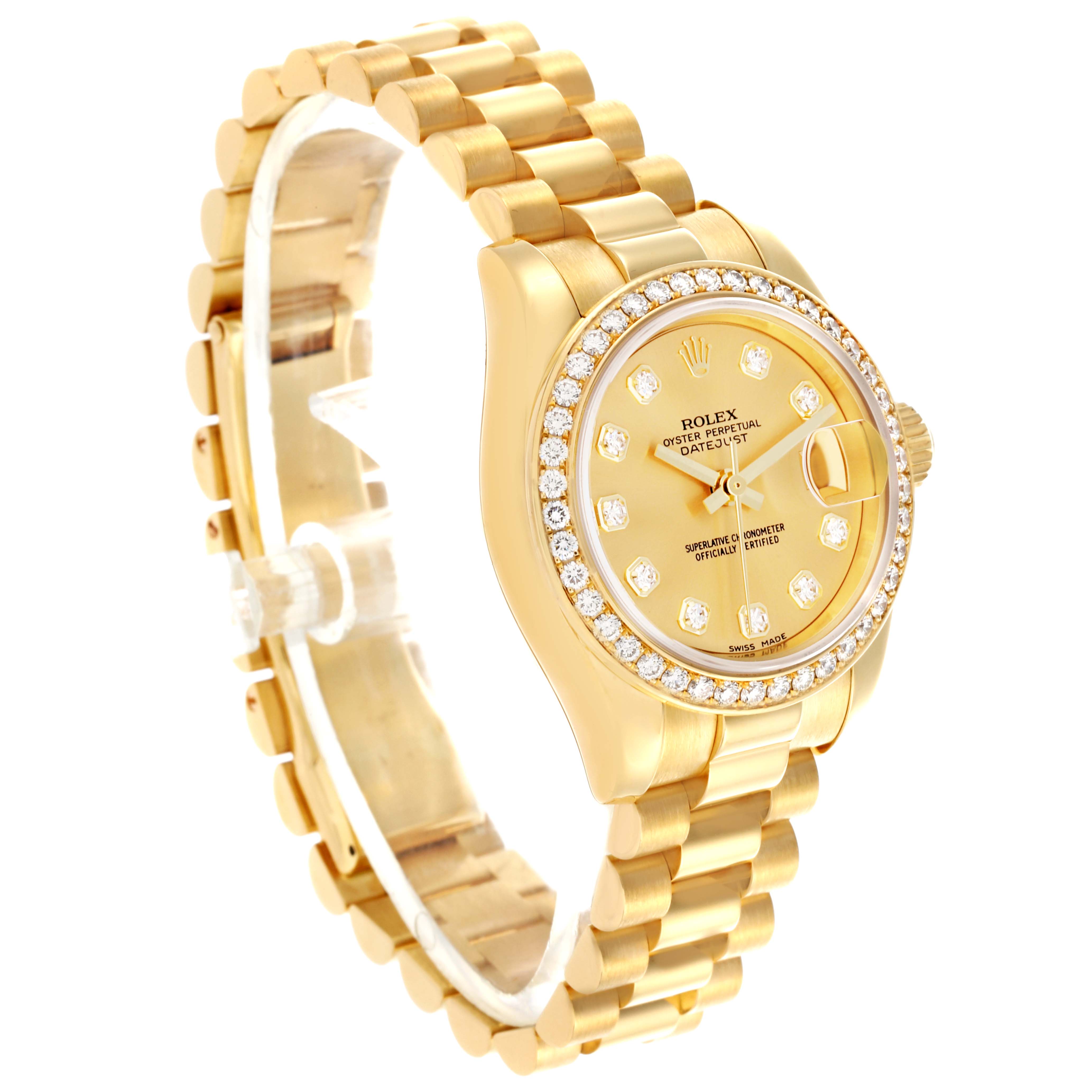 The Rolex President 179138 Women's Yellow Gold Champagne Dial 179138 Women's Yellow Gold Champagne Dial model watch is shown at a three-quarter angle, highlighting the dial, bezel, and bracelet.