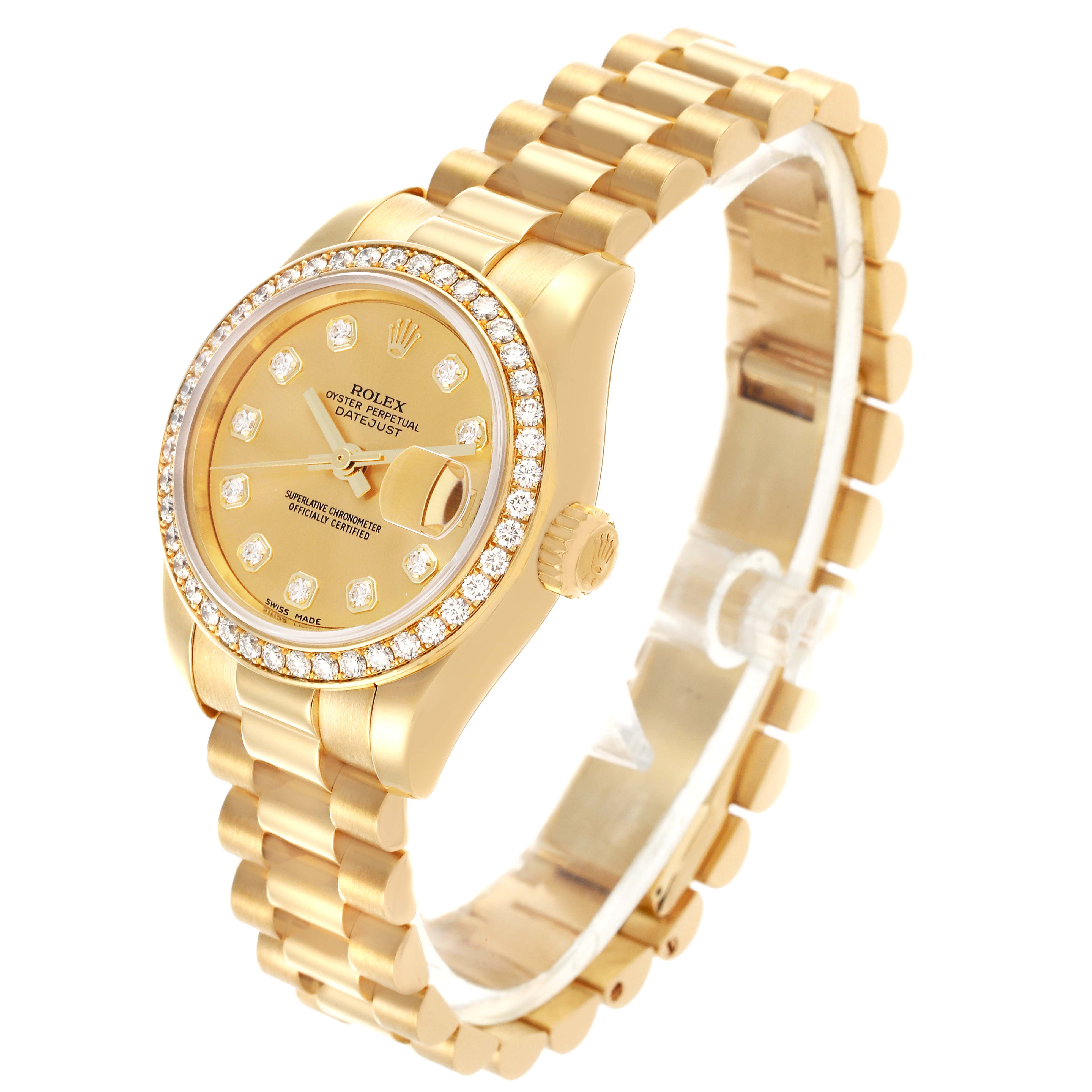 The Rolex President 179138 Women's Yellow Gold Champagne Dial 179138 Women's Yellow Gold Champagne Dial model watch is shown at a slight angle, displaying the face, bracelet, and diamond bezel.