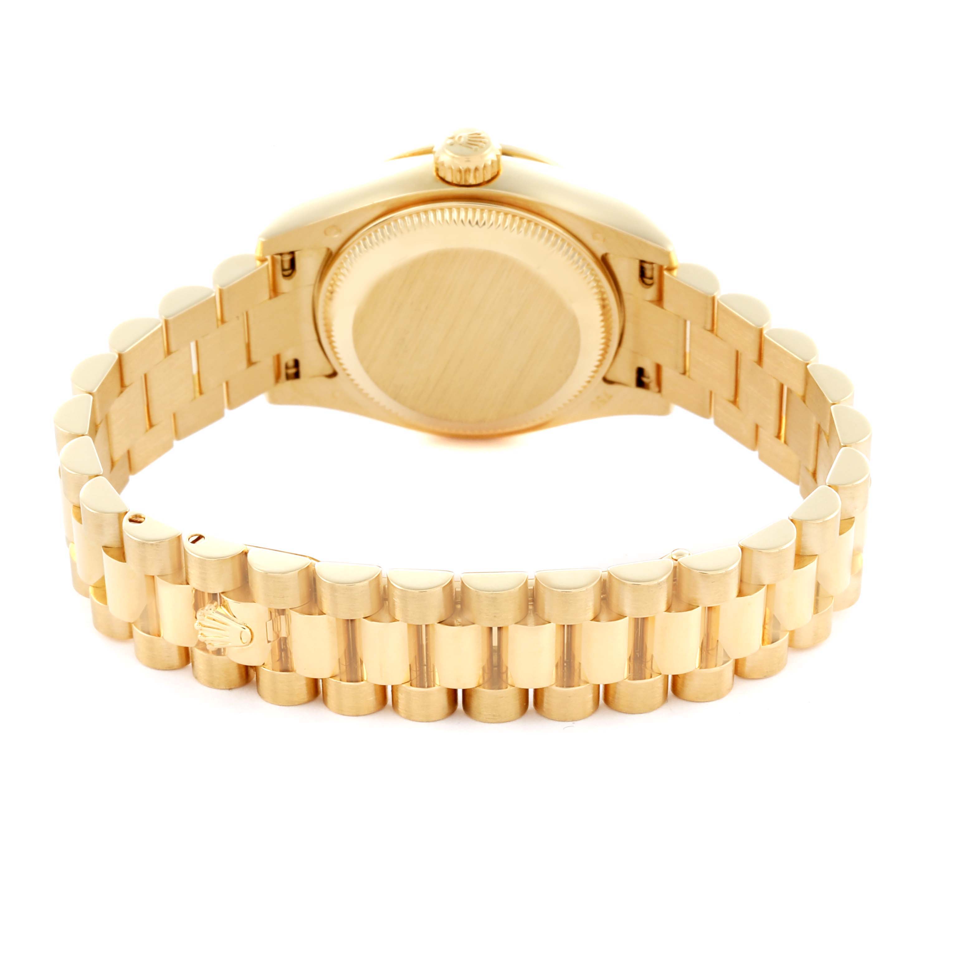 The Rolex President 179138 Women's Yellow Gold Champagne Dial 179138 Women's Yellow Gold Champagne Dial model watch is shown from the back, highlighting the bracelet and case.
