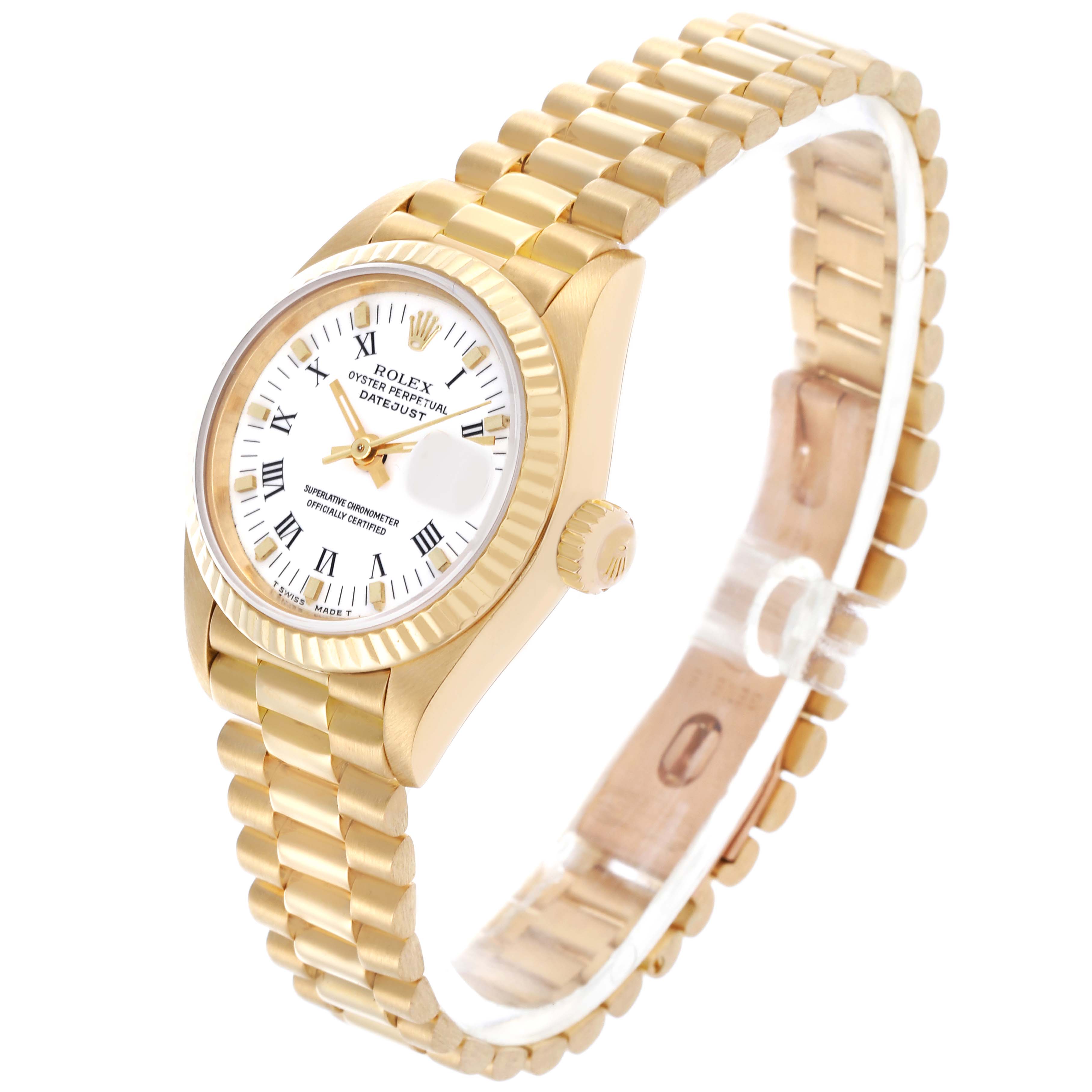 The Rolex President 69178 Women's Yellow Gold White Dial 69178 Women's Yellow Gold White Dial model watch is shown at a slight angle, highlighting the dial, case, fluted bezel, and bracelet.