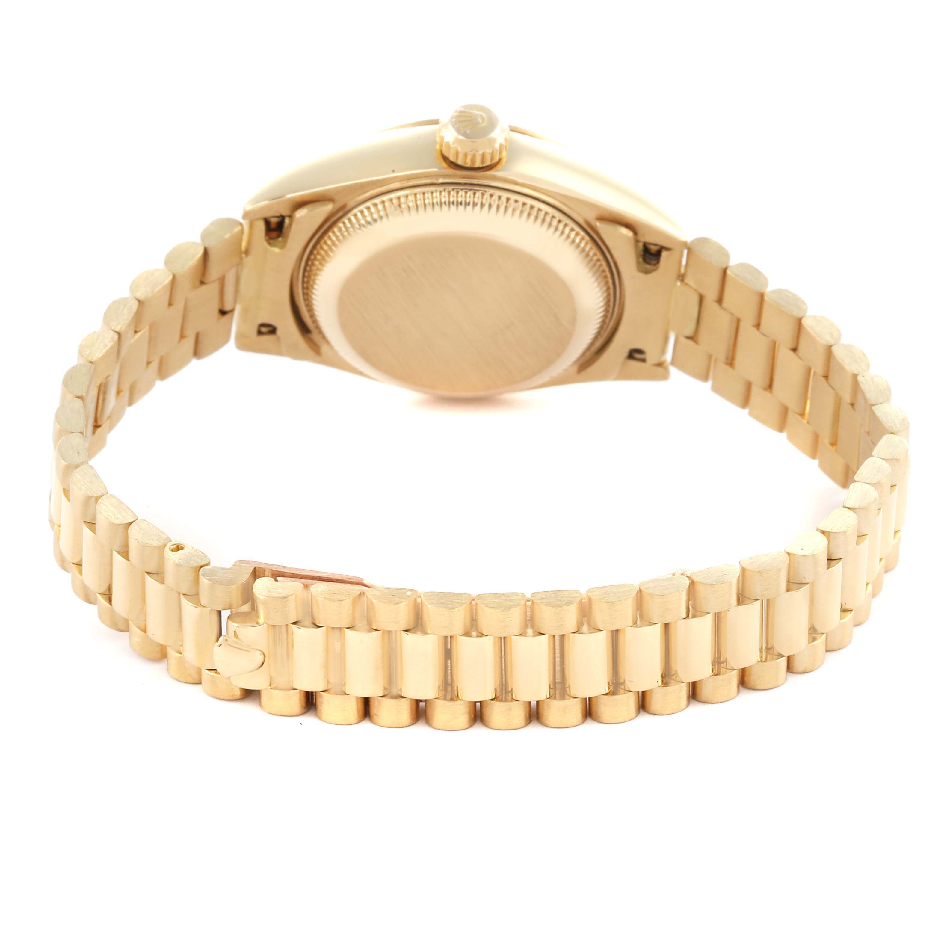 The image shows the back and bracelet of a Rolex President 69178 Women's Yellow Gold White Dial 69178 Women's Yellow Gold White Dial model with a gold finish, including the clasp and crown.