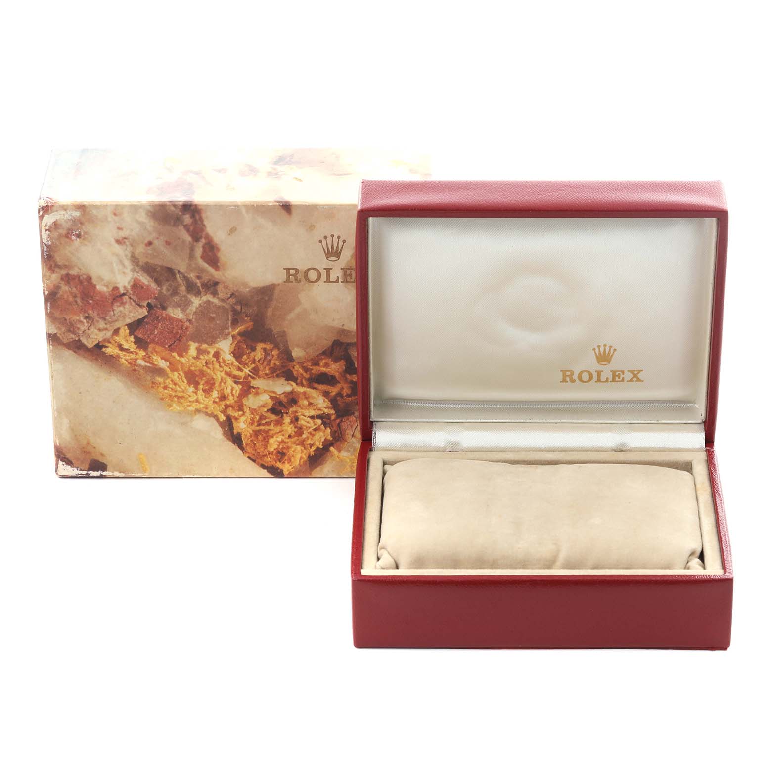 The image shows a Rolex President 69178 Women's Yellow Gold White Dial 69178 Women's Yellow Gold White Dial watch box and cushion, with an open lid displaying the interior branding.