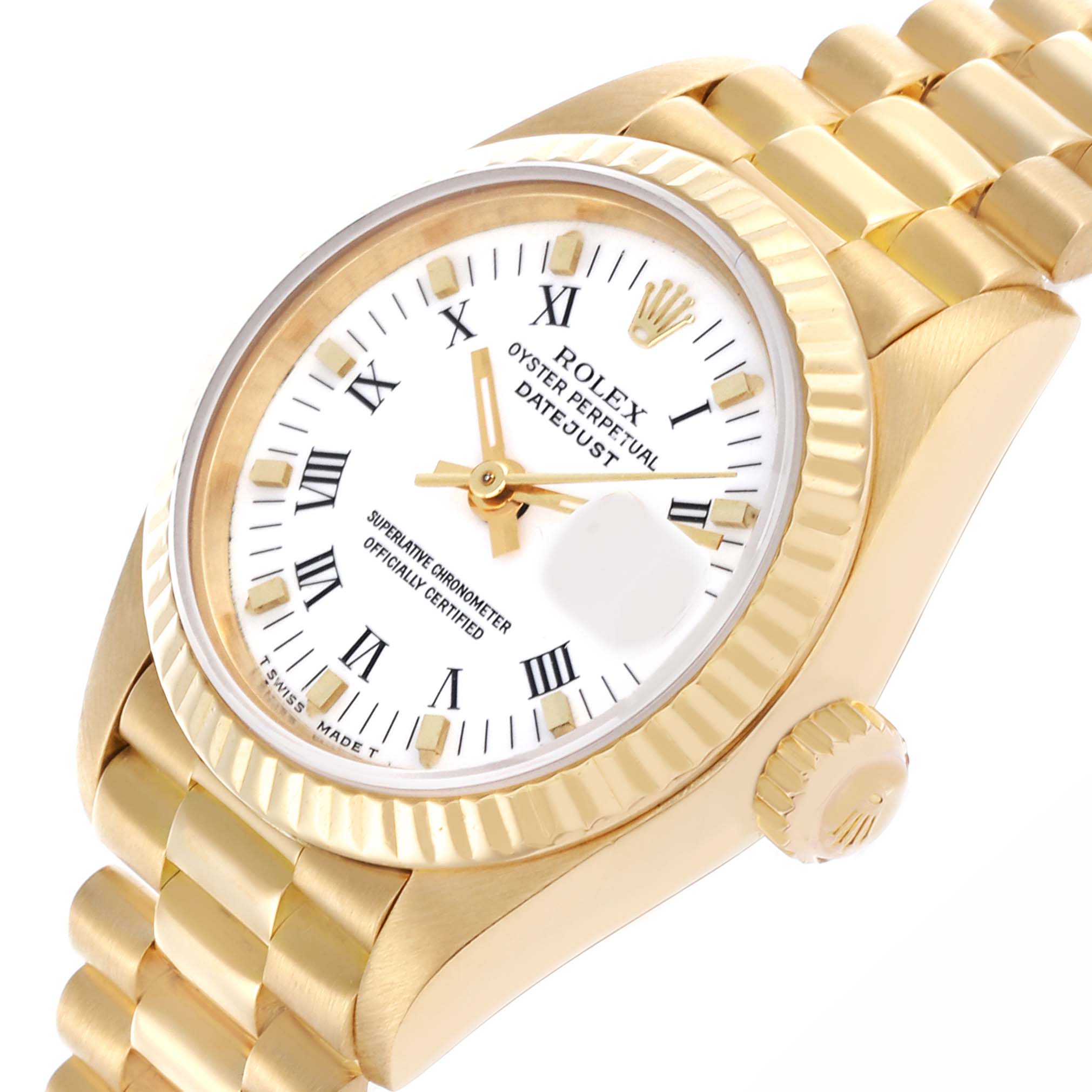 The Rolex President 69178 Women's Yellow Gold White Dial 69178 Women's Yellow Gold White Dial watch is shown at a 3/4 angle, highlighting the face, bezel, crown, and part of the bracelet.